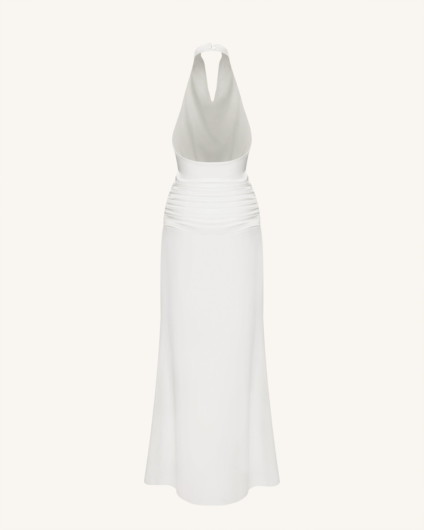 Satin Cowl Neck Ruched Maxi Gown - White