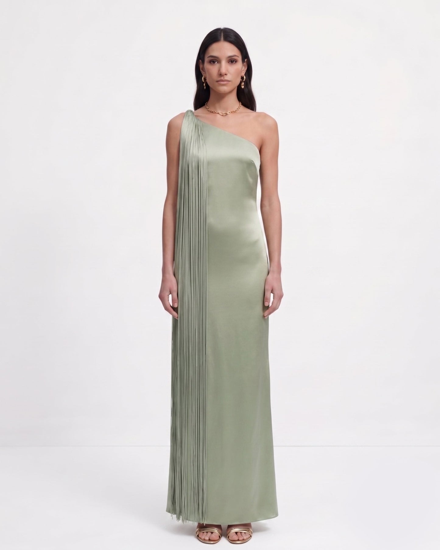 Fringe One Shoulder Maxi Dress - Sage Green