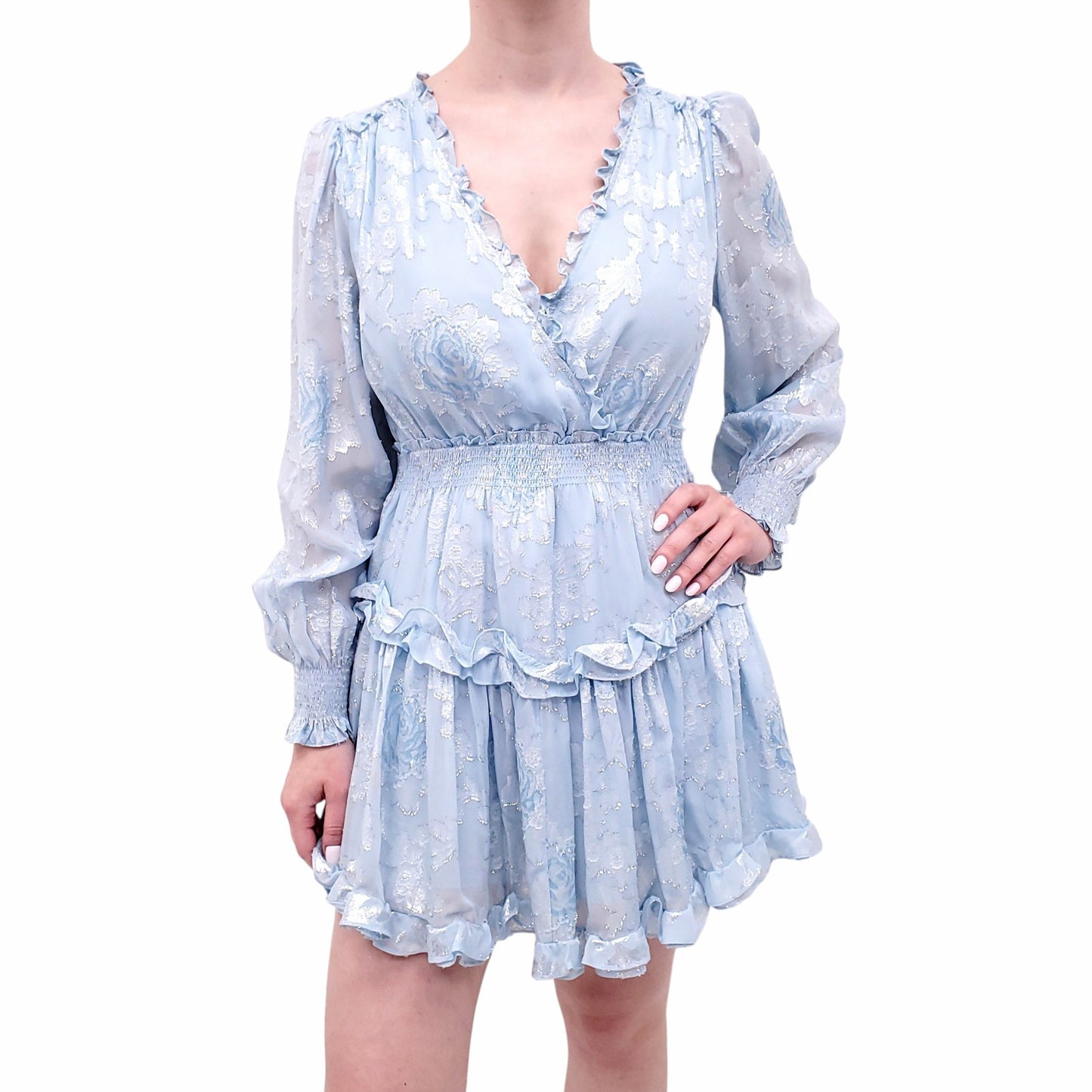 LOVESHACKFANCY BLUE DRESS WITH FLORAL LUREX DETAILING - SIZE M
