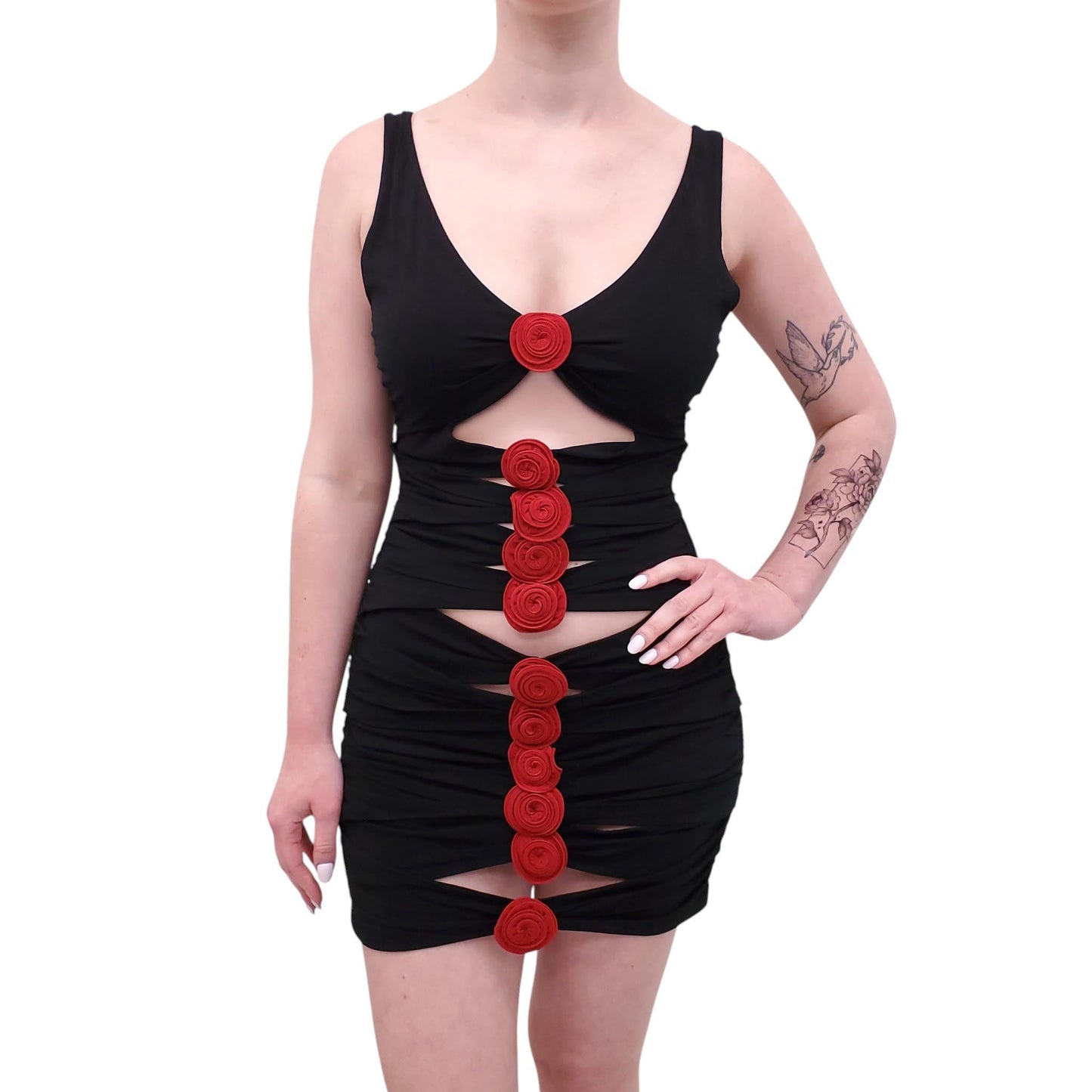 MAGDA BUTRYM BLACK CUTOUT ROSETTE MINI DRESS - SIZE 38