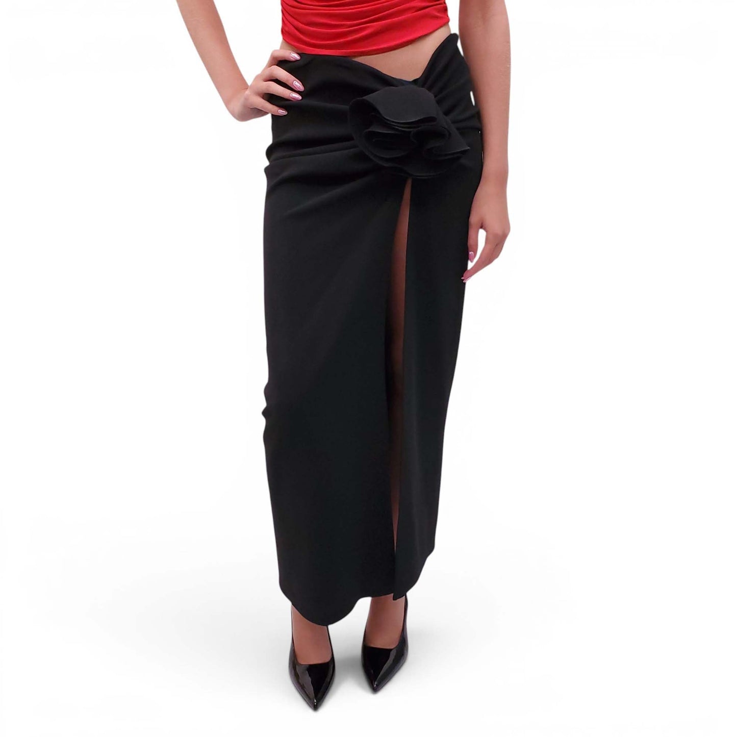 MAGDA BUTRYM BLACK WOOL MAXI SKIRT WITH ROSETTE DETAIL - SIZE 40