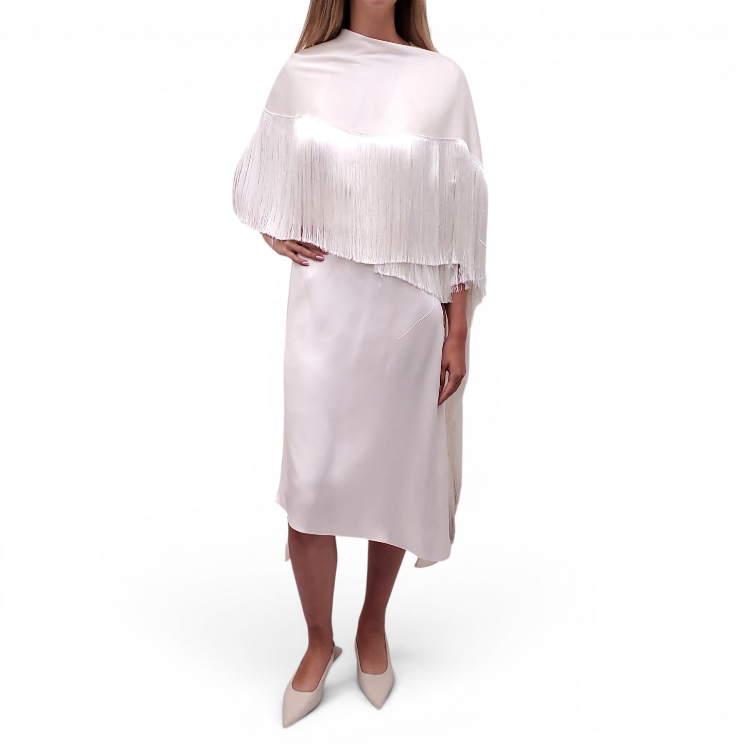 MAGDA BUTRYM CREAM SILK FRINGE MIDI DRESS - SIZE 38