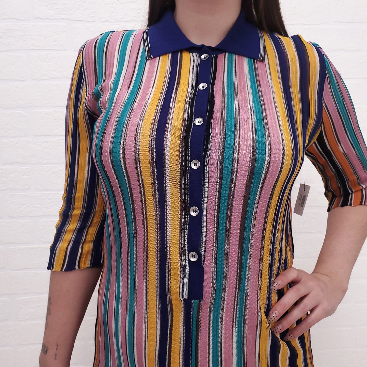 MISSONI MULTI-COLOUR STRIPE KNIT POLO JUMPSUIT - SIZE 46