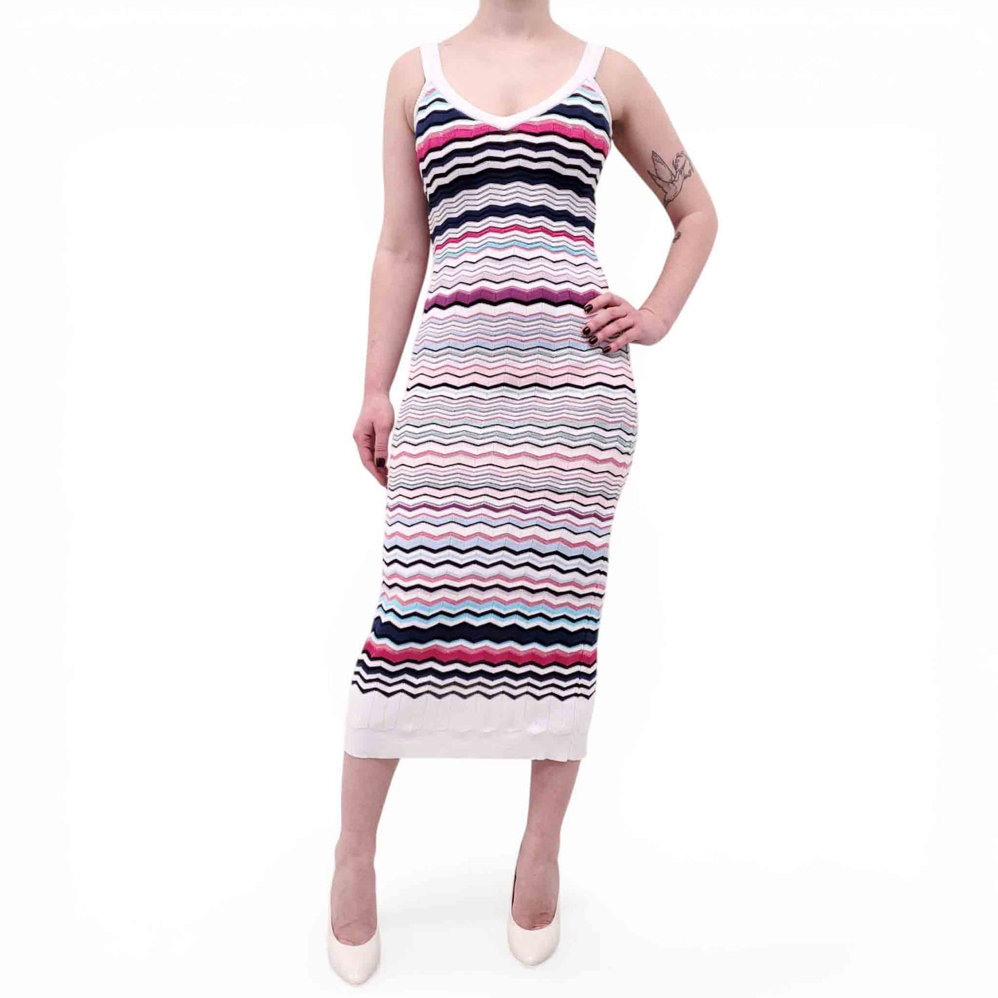MISSONI WHITE, PINK AND BLUE CHEVRON MIDI DRESS - SIZE 38
