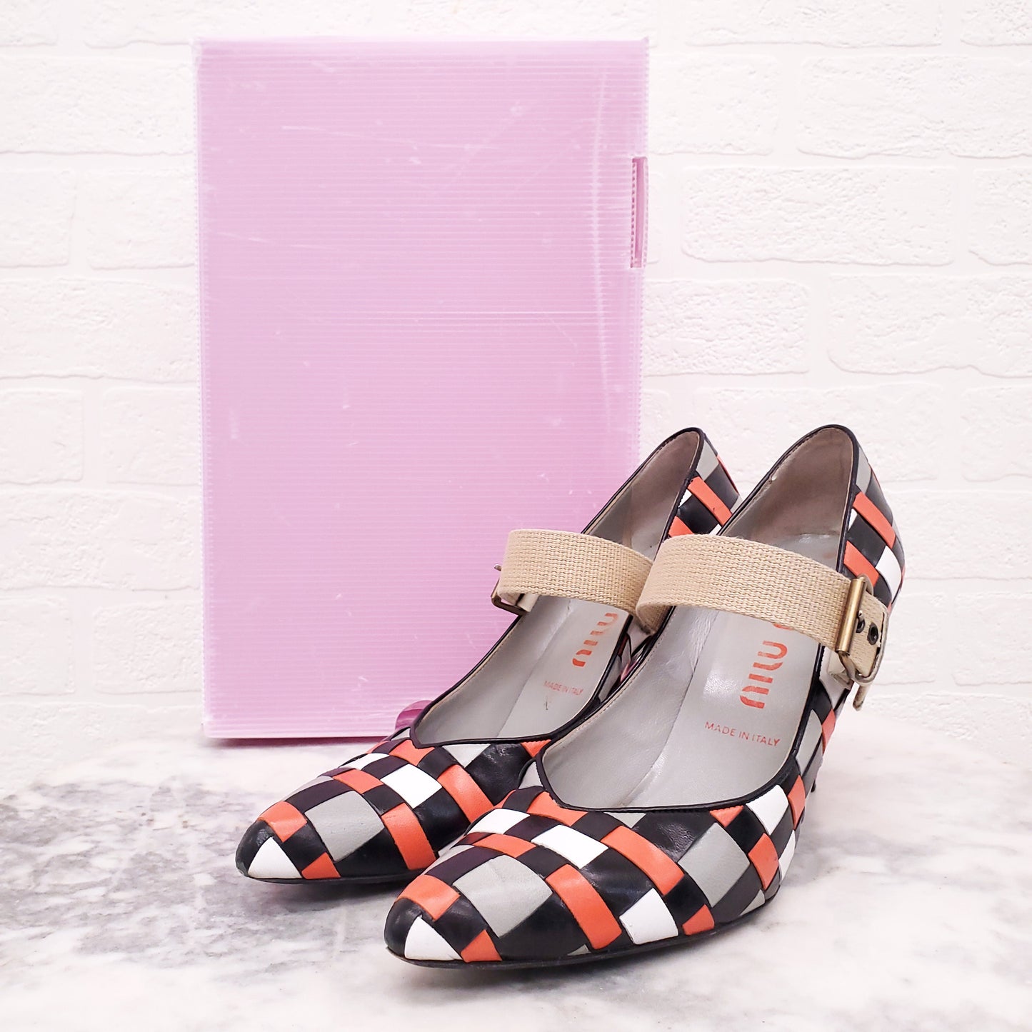 MIU MIU BLACK, ORANGE AND CREAM SQUARE PATTERNED HEELS - SIZE 40
