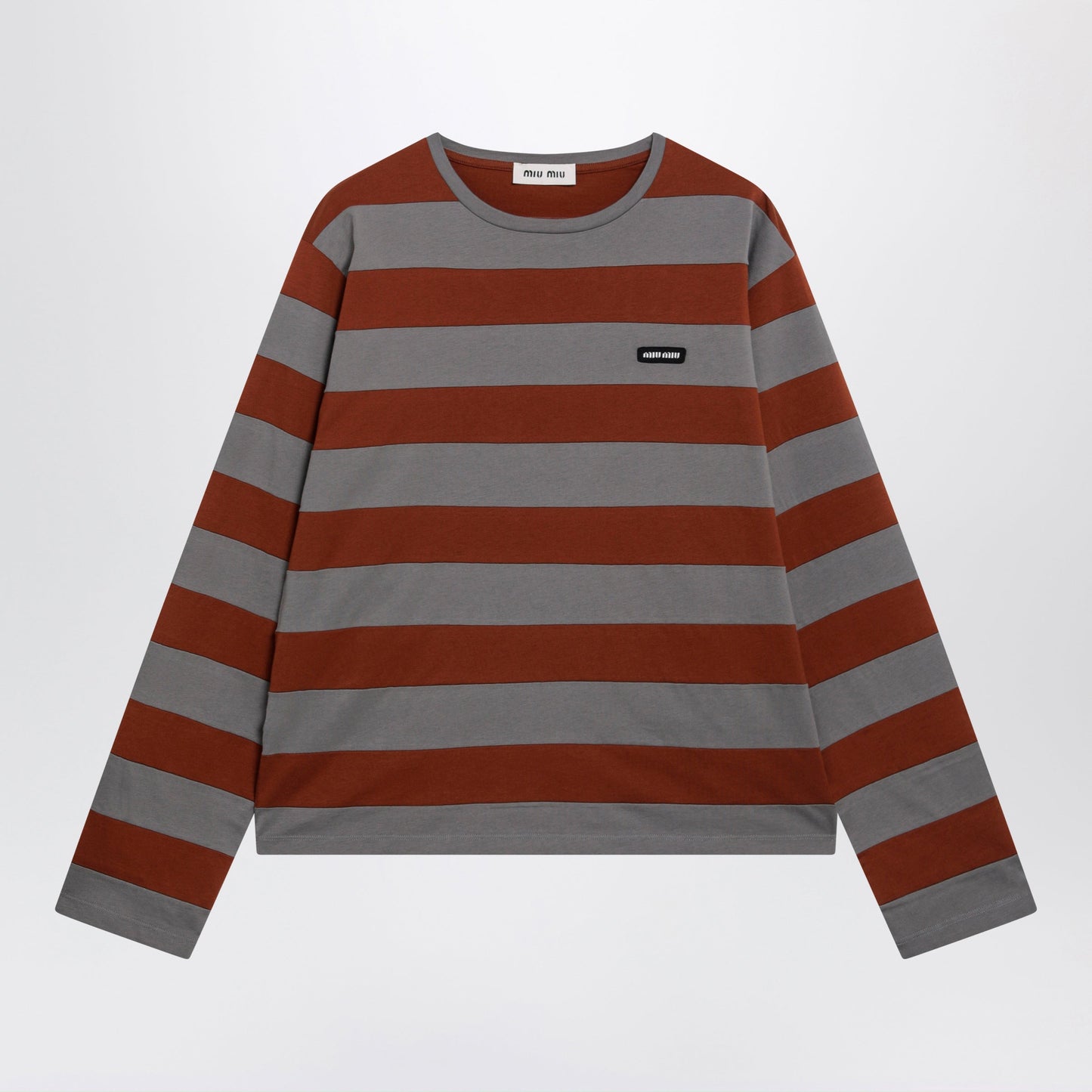 Miu Miu Striped Cotton Jersey T-Shirt In Iron/Tobacco Women