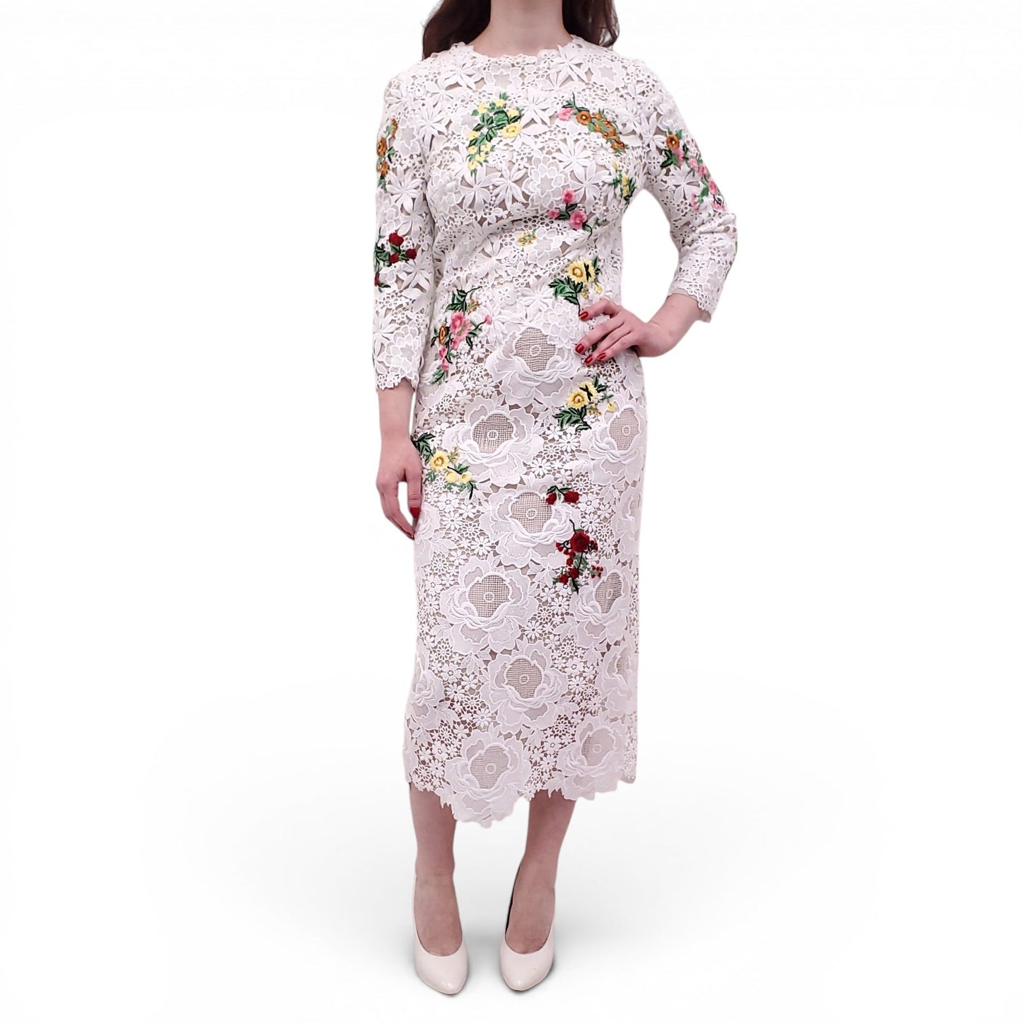 MONIQUE LHUILLIER WHITE EMBROIDERED FLORAL DRESS - SIZE 6