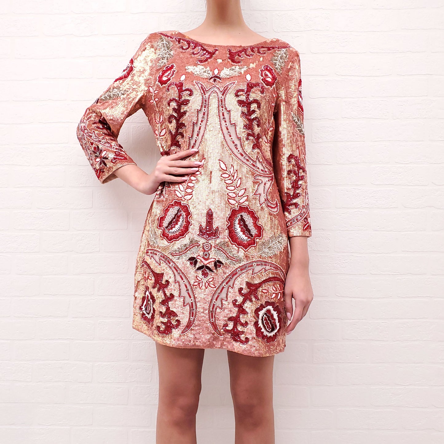 NEEDLE & THREAD ROSE GOLD & RED PATTERNED SEQUIN BEADED DRESS - SIZE 10