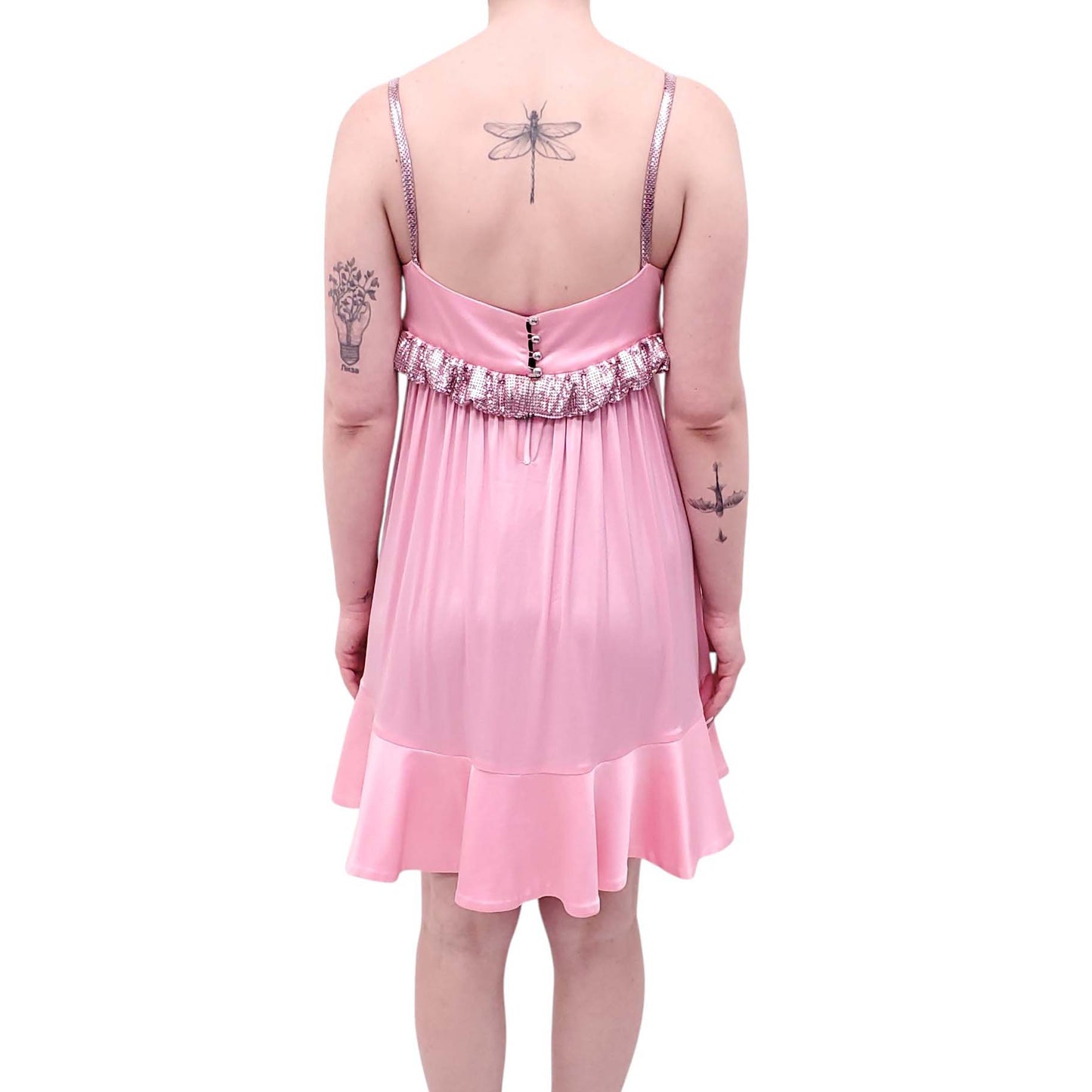 PACO RABANNE PINK PLEATED MINI DRESS WITH PIXEL CHAINMAIL DETAIL - SIZE 38