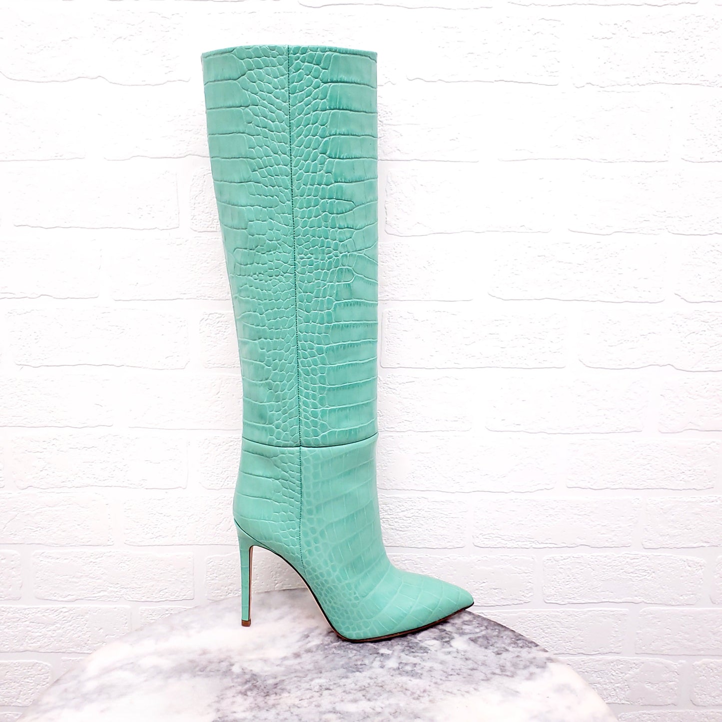 PARIS TEXAS MINT CROCODILE PRINT LEATHER BOOTS - SIZE 37.5
