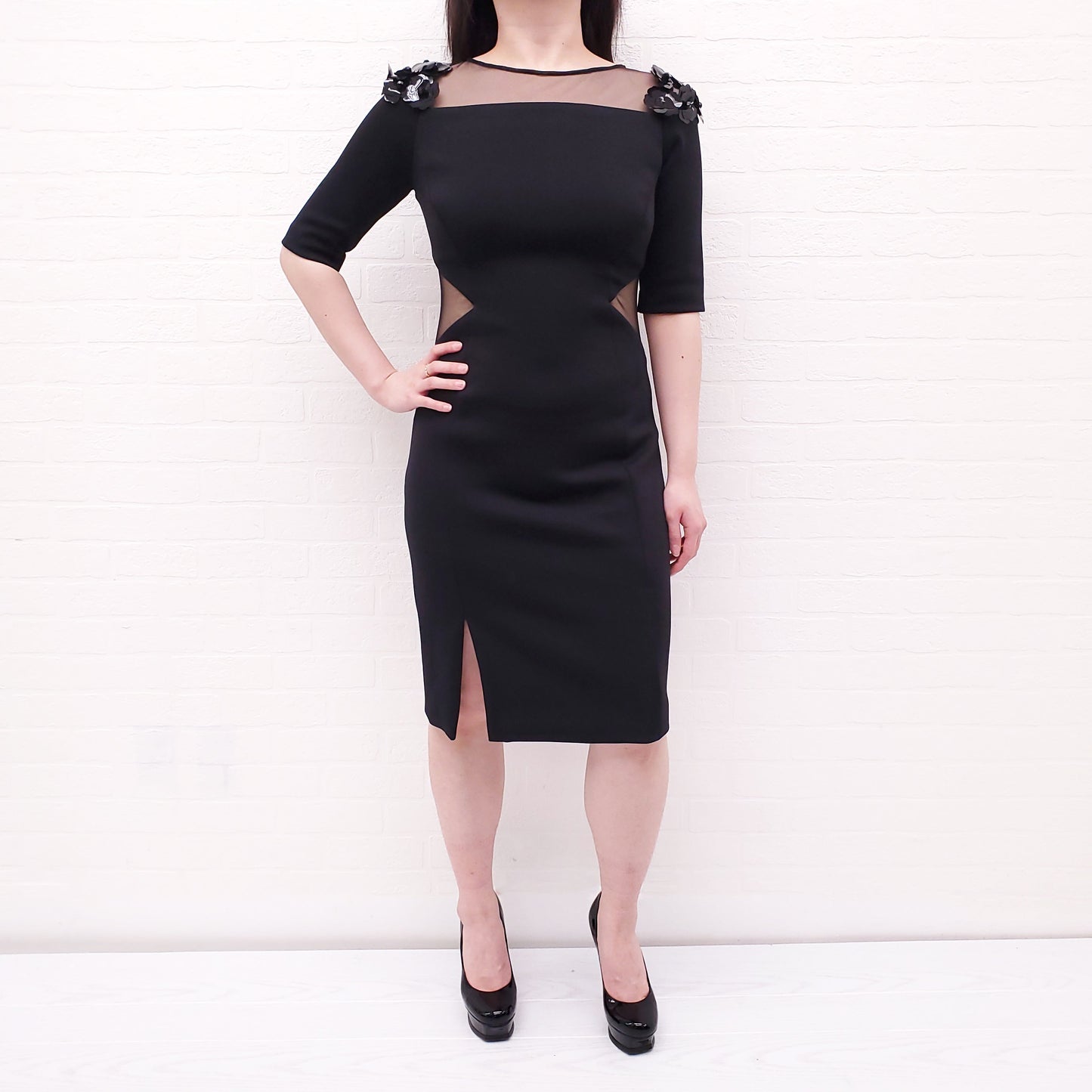 PRABAL GURUNG BLACK DRESS WITH MESH AND SEQUIN DETAIL - SIZE 6
