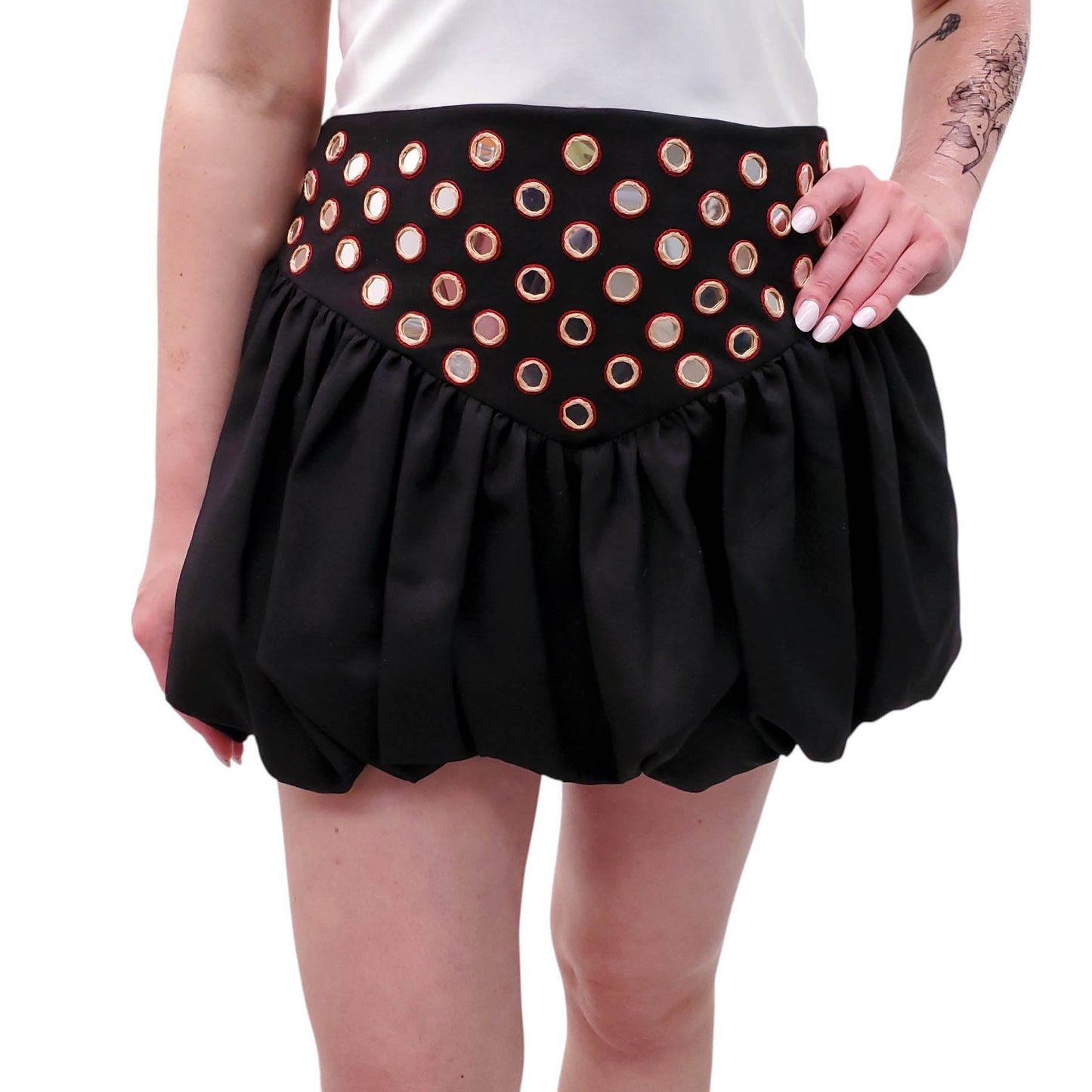 SAINT LAURENT BLACK BUBBLE SKIRT WITH MIRROR GROMMETS - SIZE 38