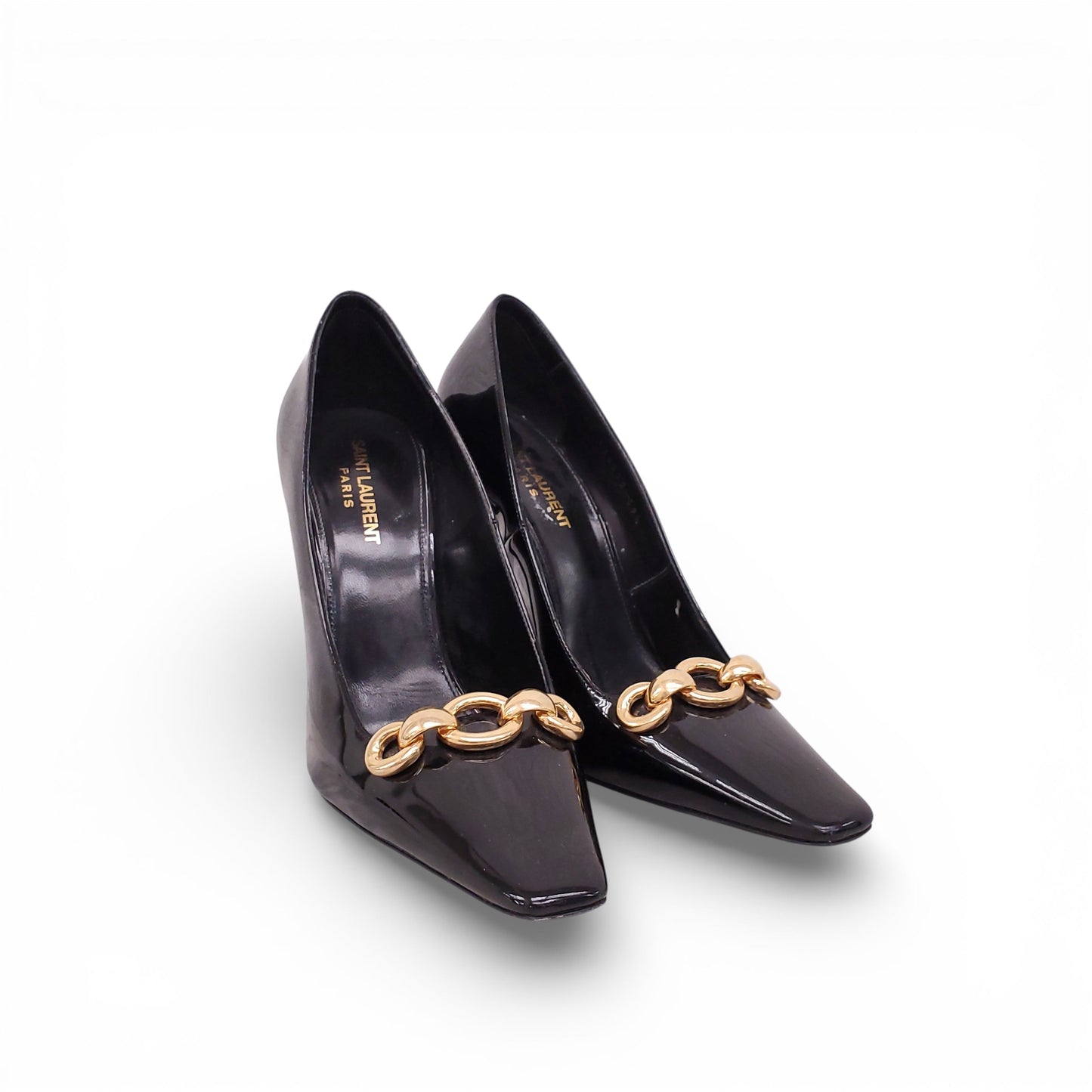 SAINT LAURENT BLACK PATENT BLADE CHAIN HEELS - SIZE 39.5