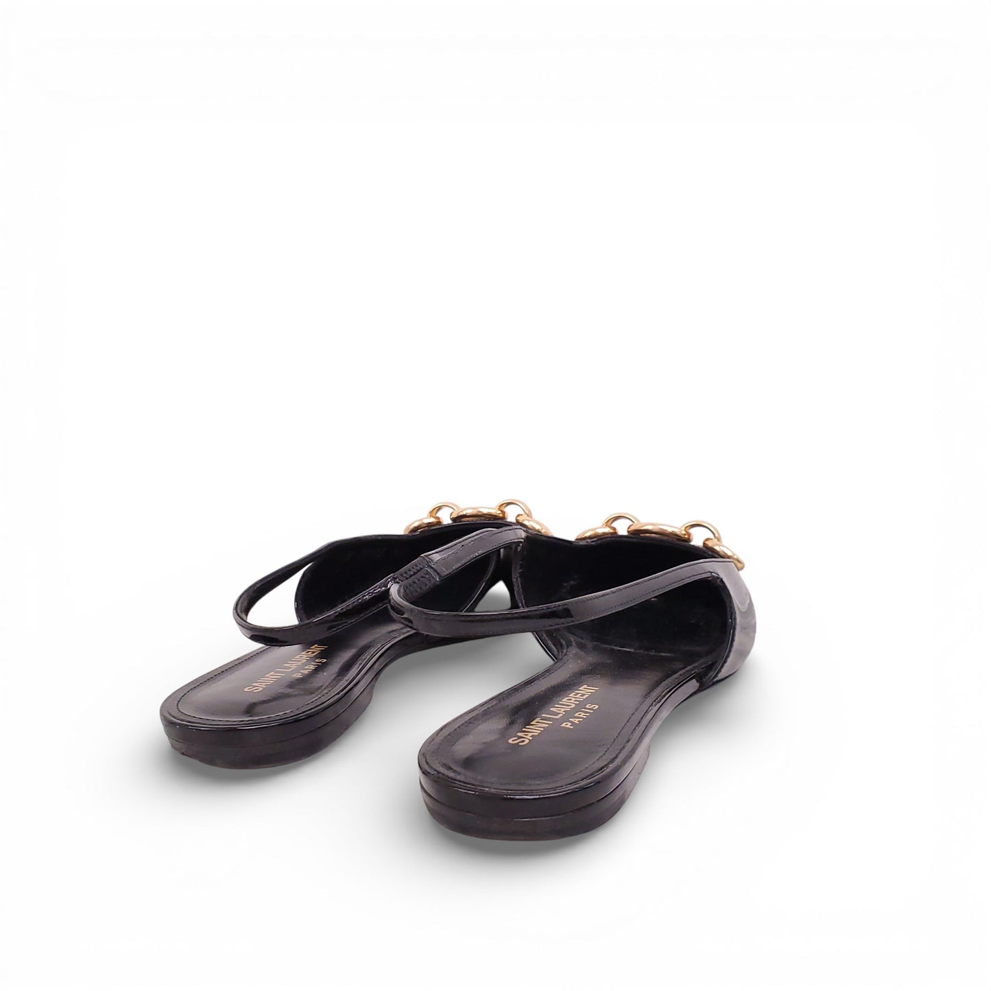 SAINT LAURENT BLACK PATENT BLADE CHAIN SLINGBACK FLATS - SIZE 39