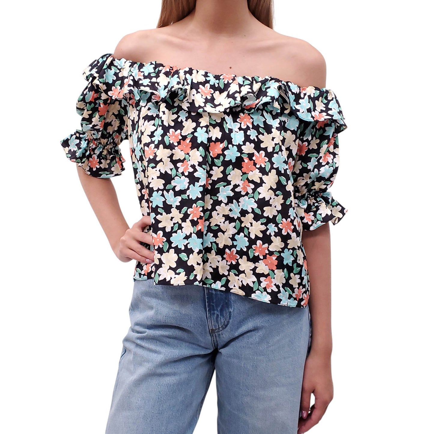 SAINT LAURENT FLORAL PATTERNED RUFFLE TOP - SIZE 38