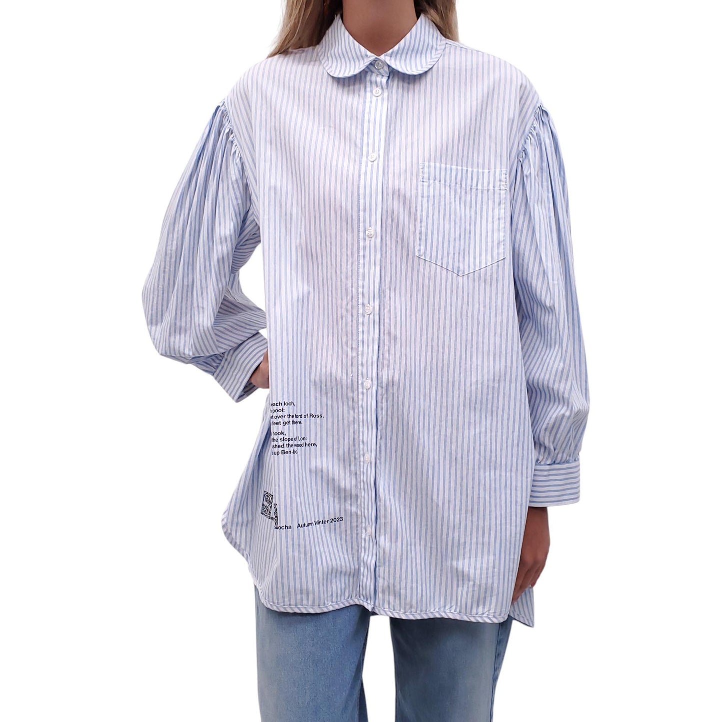SIMONE ROCHA BLUE AND WHITE STRIPED BLOUSE WITH GRAPHIC DETAIL - SIZE 6