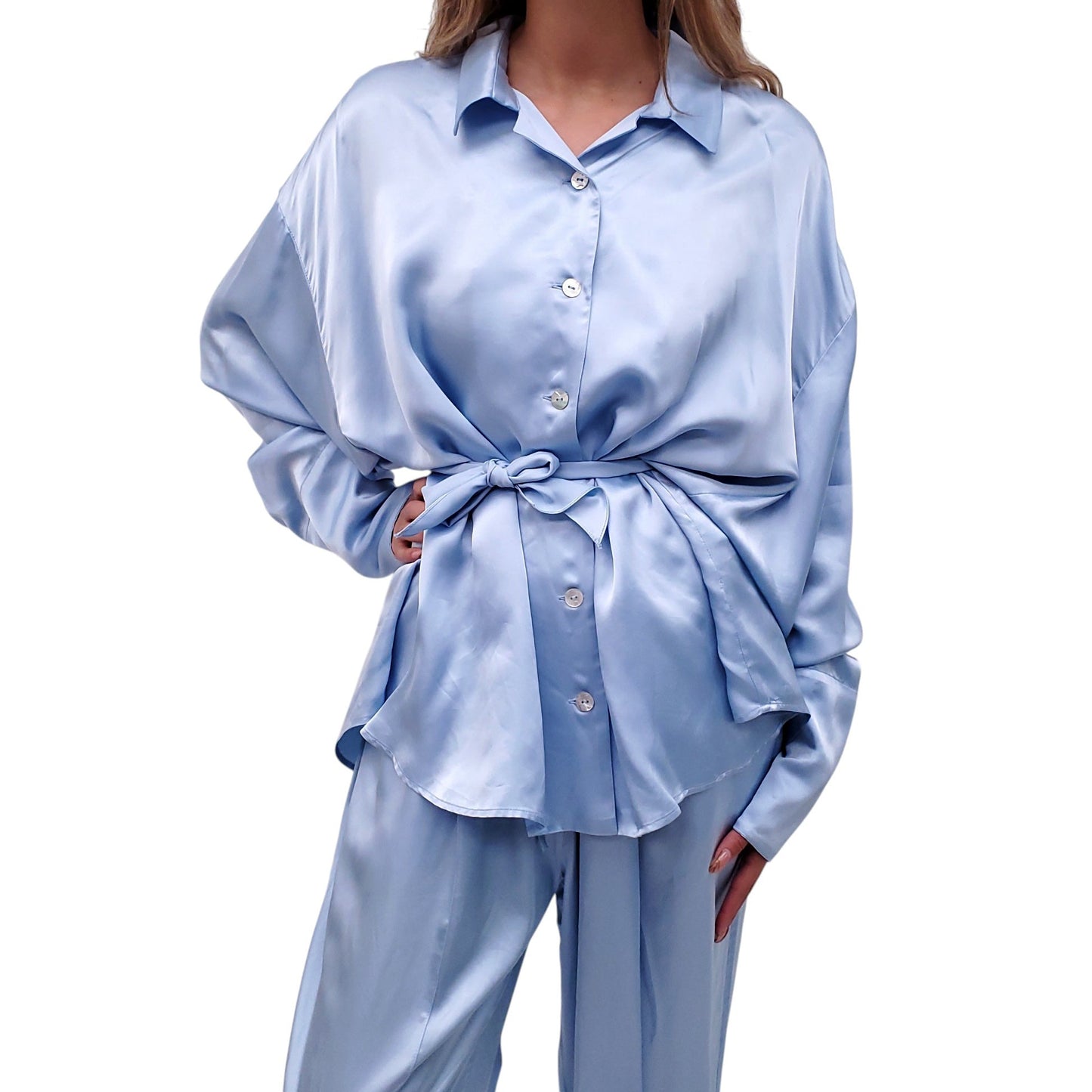 SLEEPER BLUE SATIN LOUNGE SET WITH TIE- SIZE 1/S