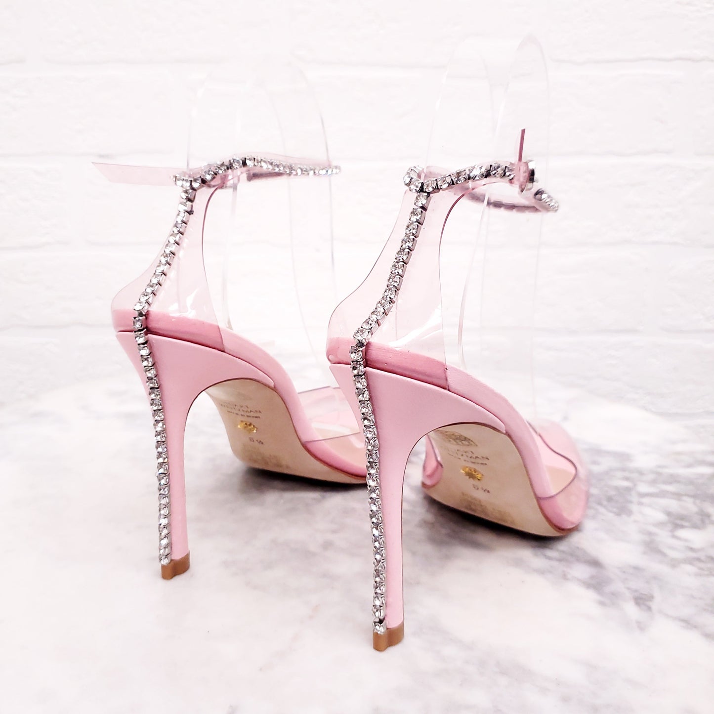 STUART WEITZMAN PINK PVC CRYSTAL 'GLAM 100' HEELS - SIZE 6.5B