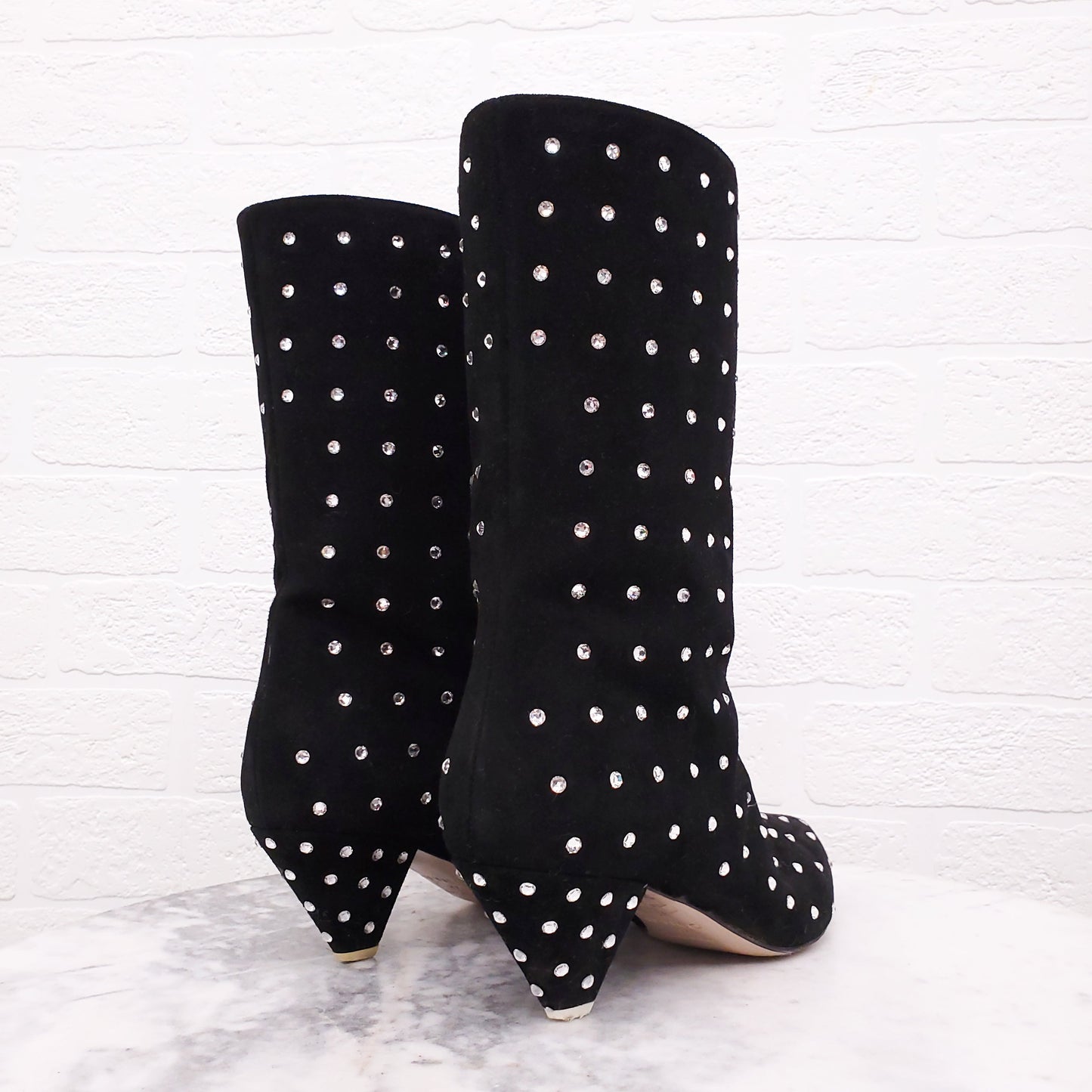 THE ATTICO BLACK SUEDE SWAROVSKI EMBELLISHED 'SOFIA' BOOTIES - SIZE 37