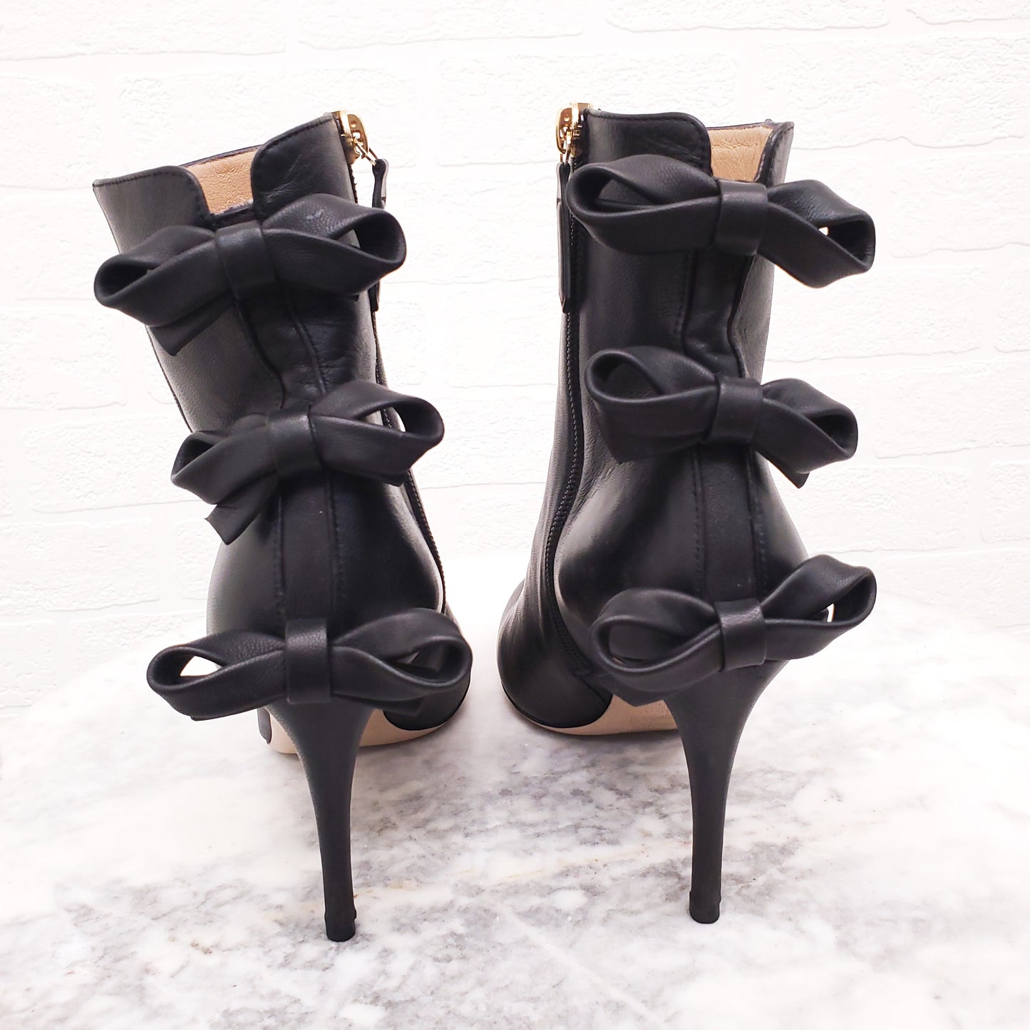 VALENTINO BLACK LEATHER BOW BOOTIES - SIZE 38.5