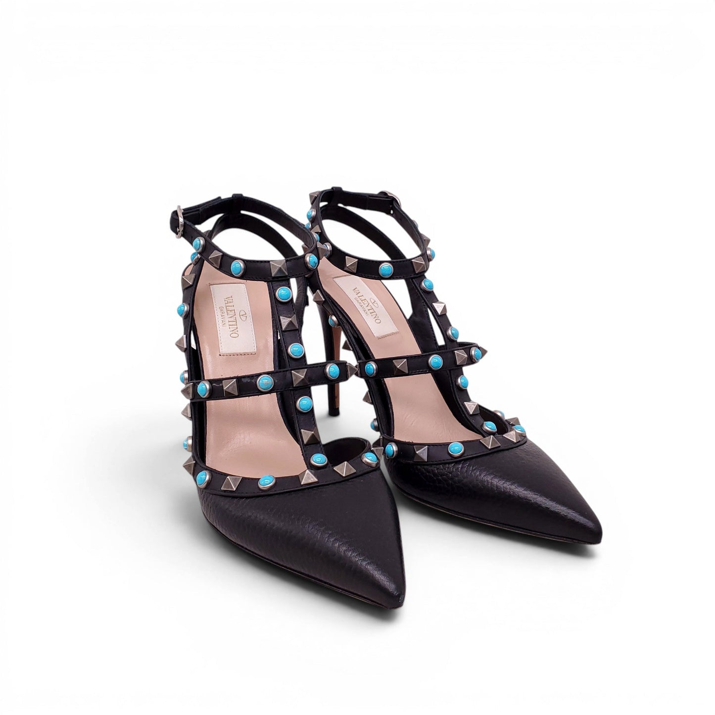 VALENTINO BLACK ROCKSTUD HEELS WITH TURQUOISE DETAIL - SIZE 38