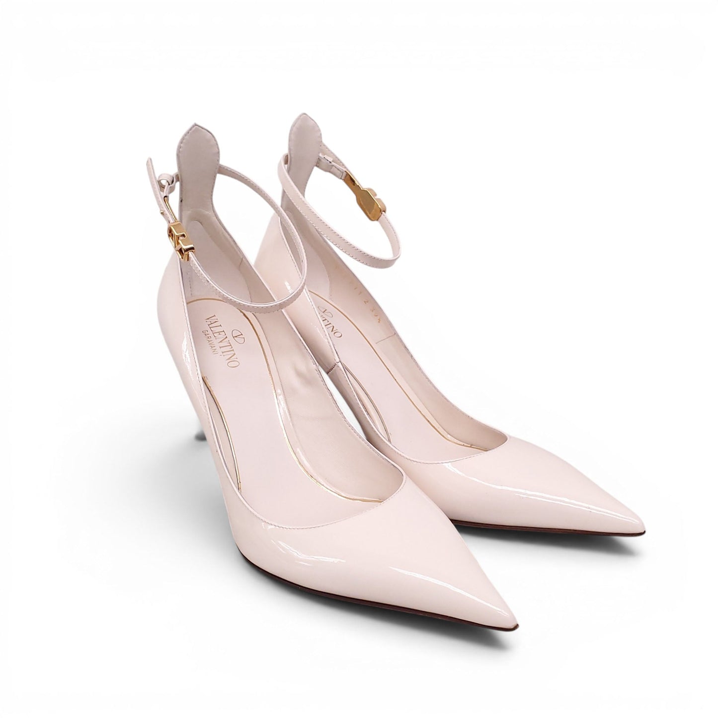 VALENTINO CREAM PATENT HEELS WITH ANKLE STRAP AND LOGO - SIZE 39.5