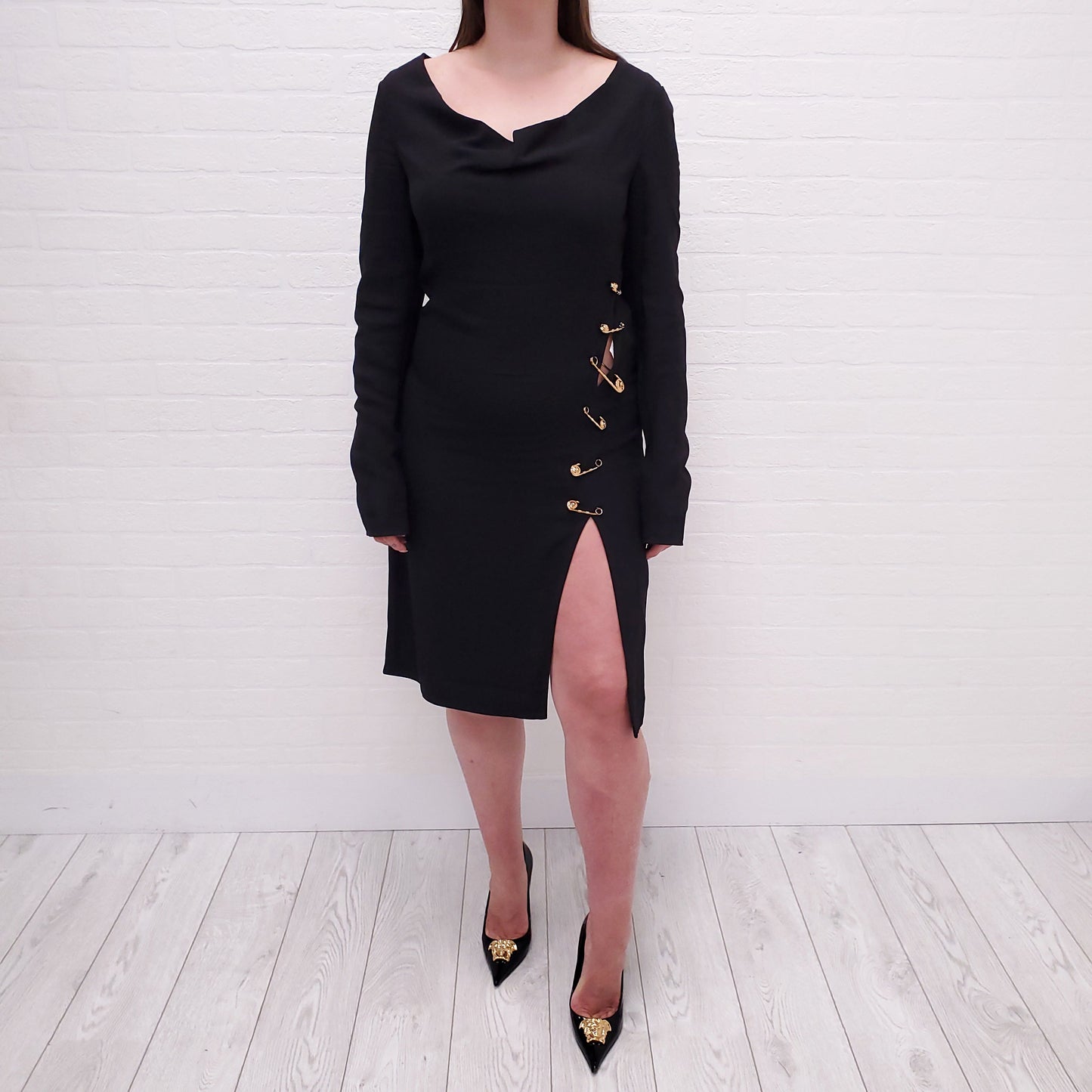 VERSACE BLACK GOLD PIN MEDUSA DRESS - SIZE 42