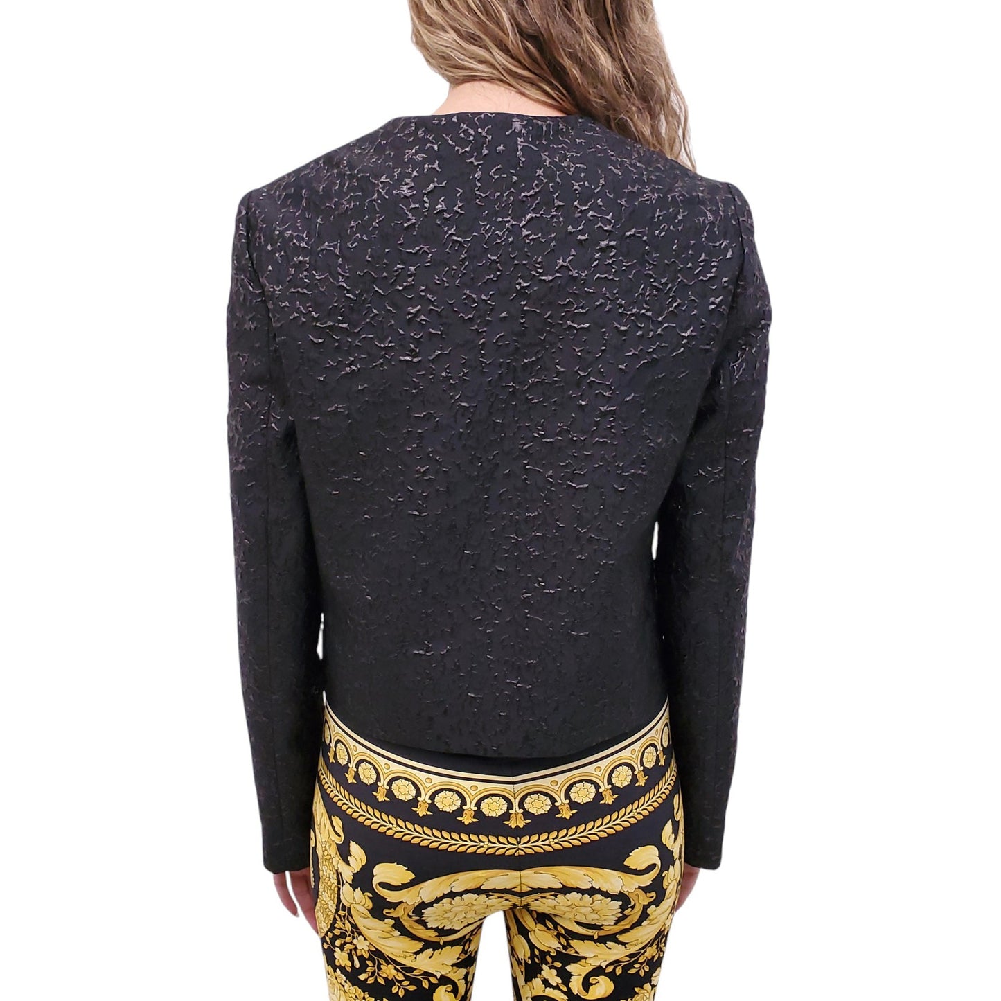 VERSACE BLACK TEXTURED JACKET WITH GOLD LOGO BUTTONS - SIZE 44