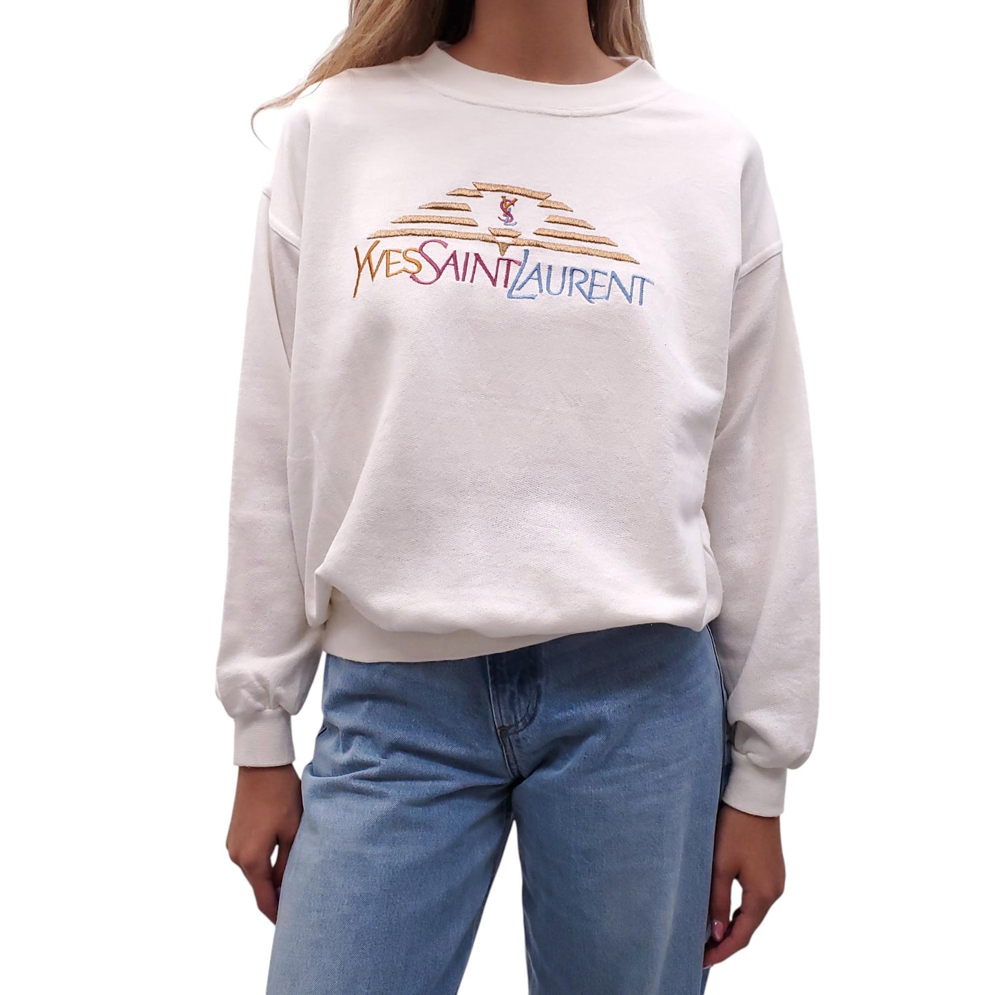 YVES SAINT LAURENT VINTAGE CREAM LOGO SWEATSHIRT - SIZE M
