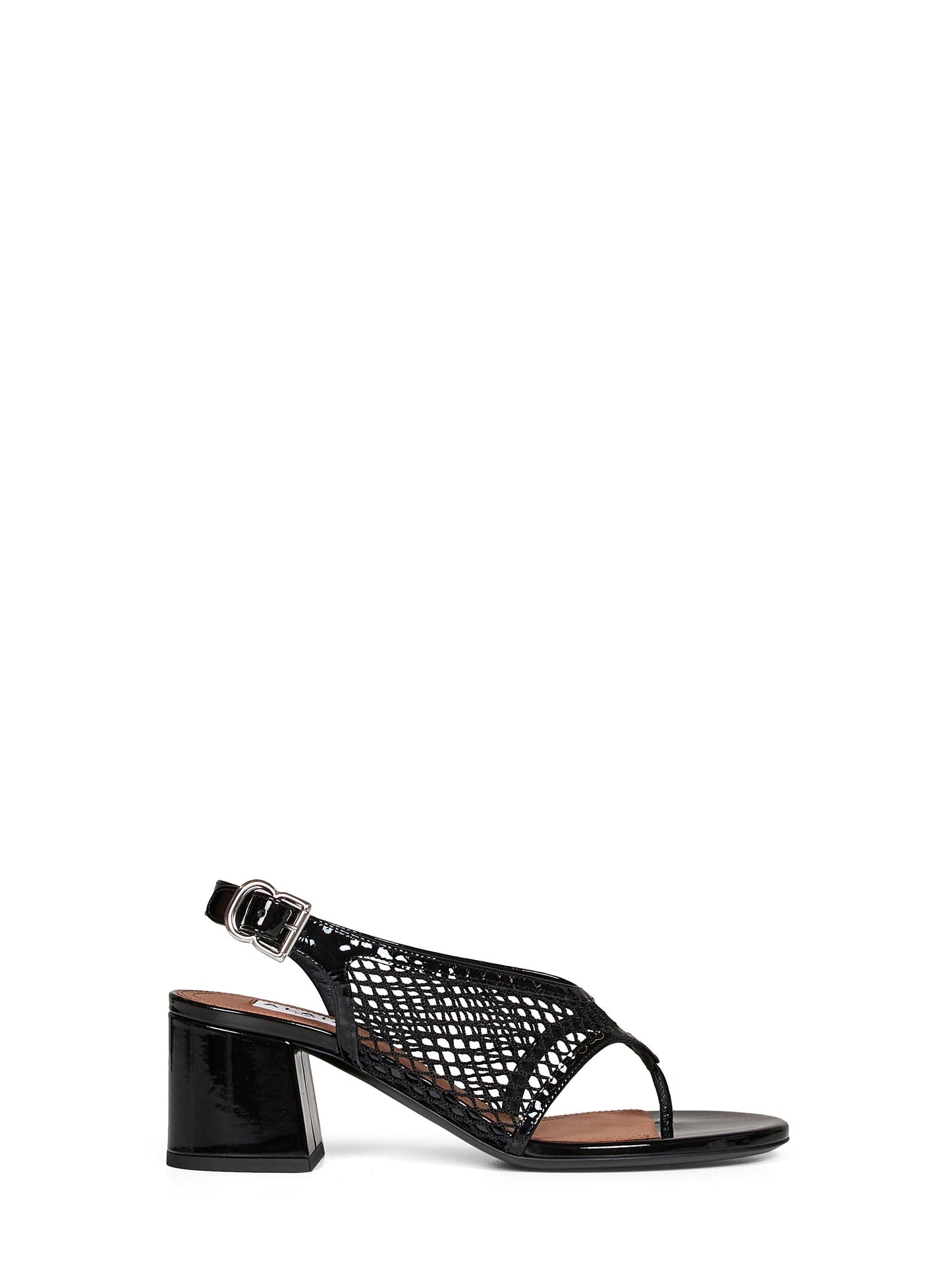 Alaïa Women Black Fishnet And Patent Leather Heeled Thong Sandals