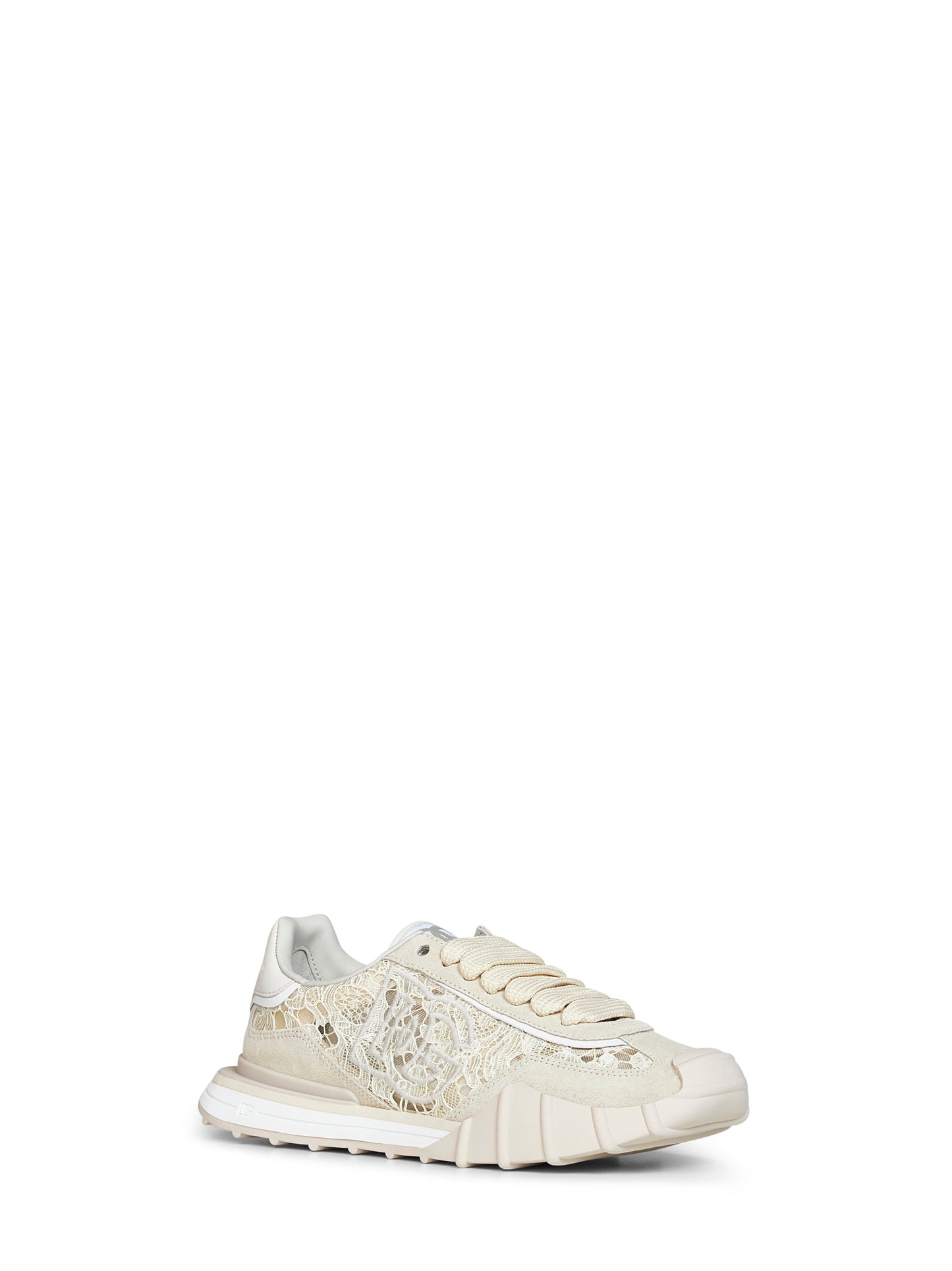 Dolce & Gabbana Women Beige And Chalk Lace And Calf Suede Low-Top Sneakers