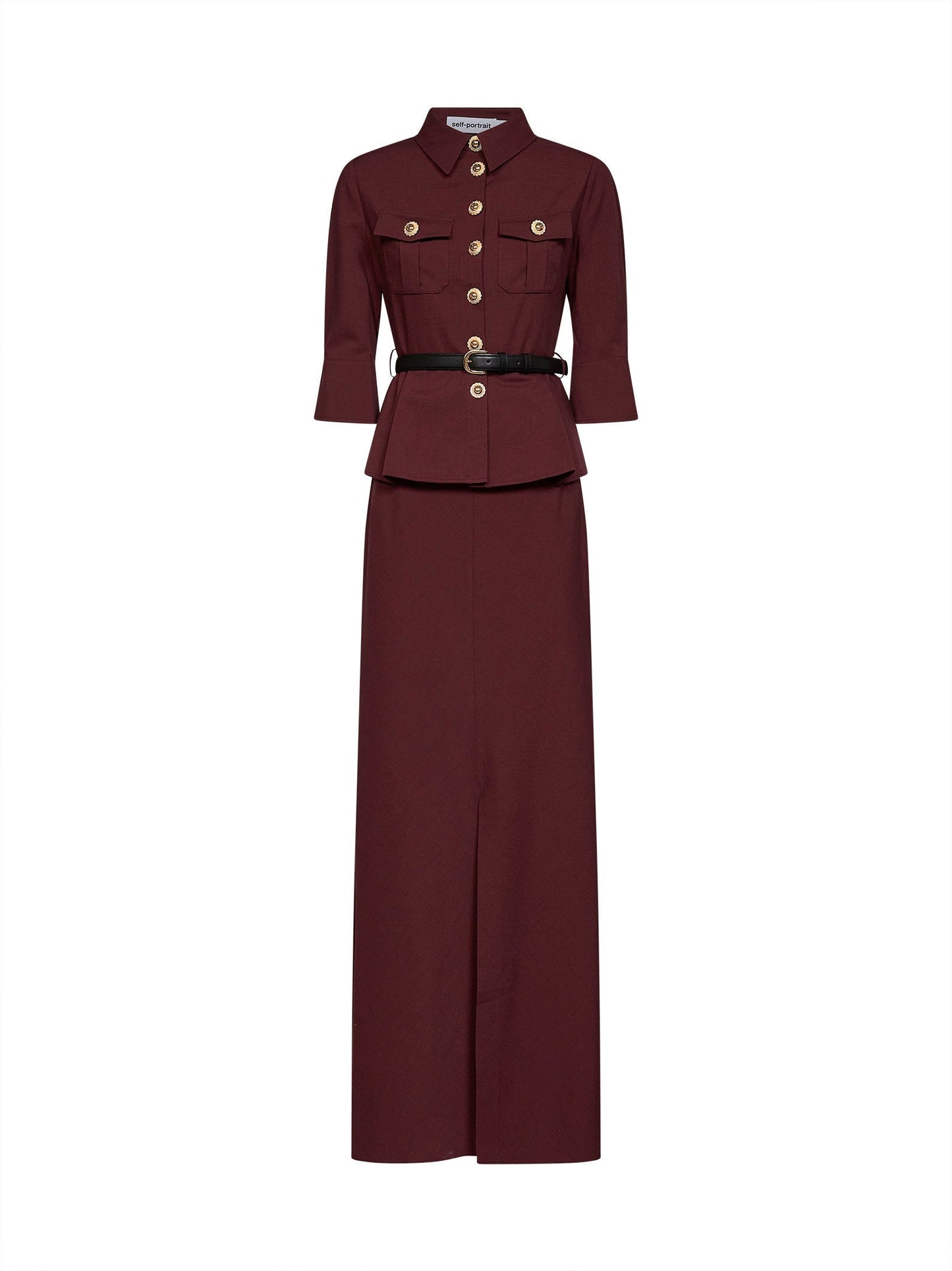 Self Portrait Women Brown Twill Belted Maxi Dress