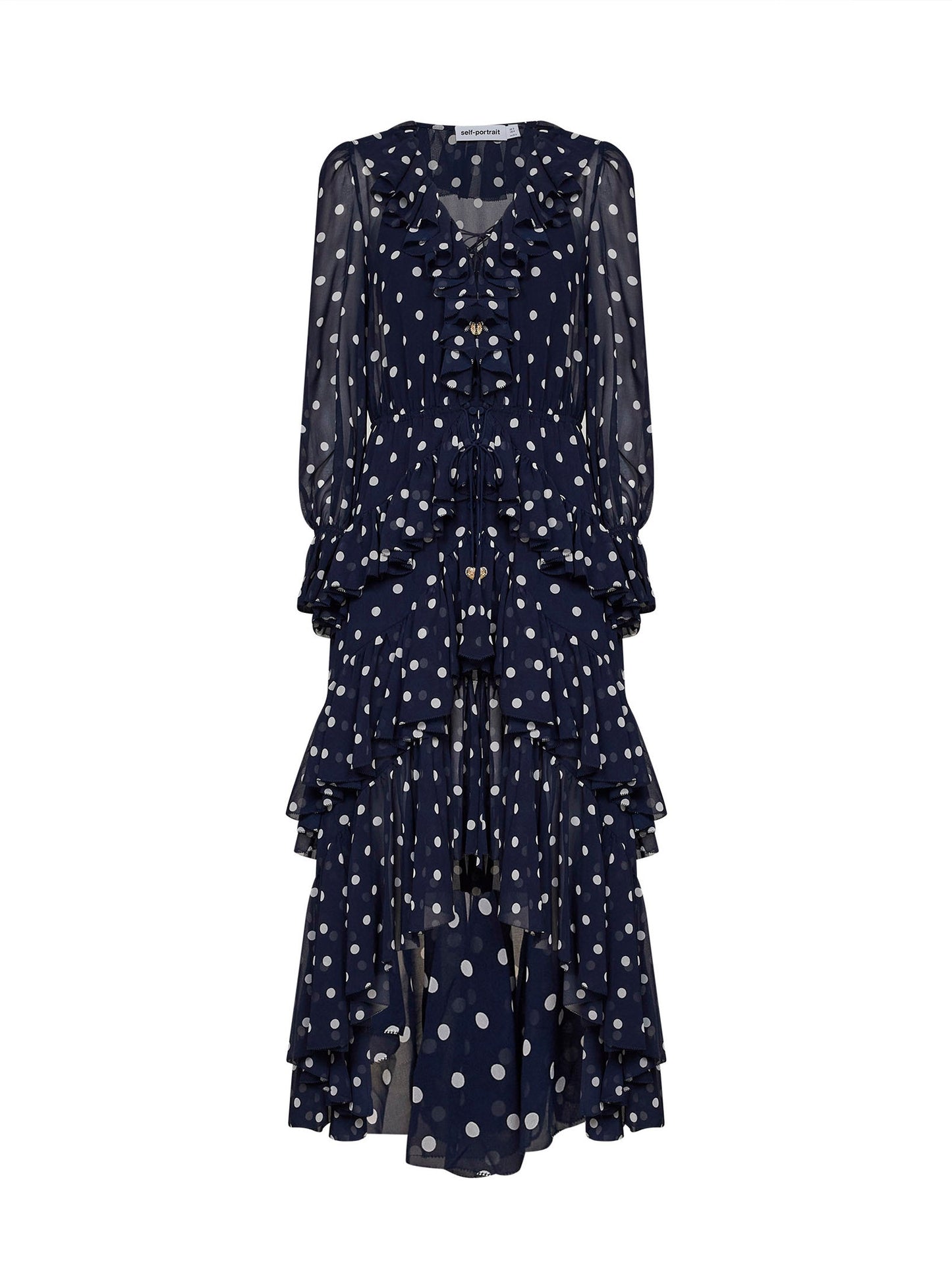 Self Portrait Women Navy Blue Polka Dot Georgette Ruffled Maxi Dress