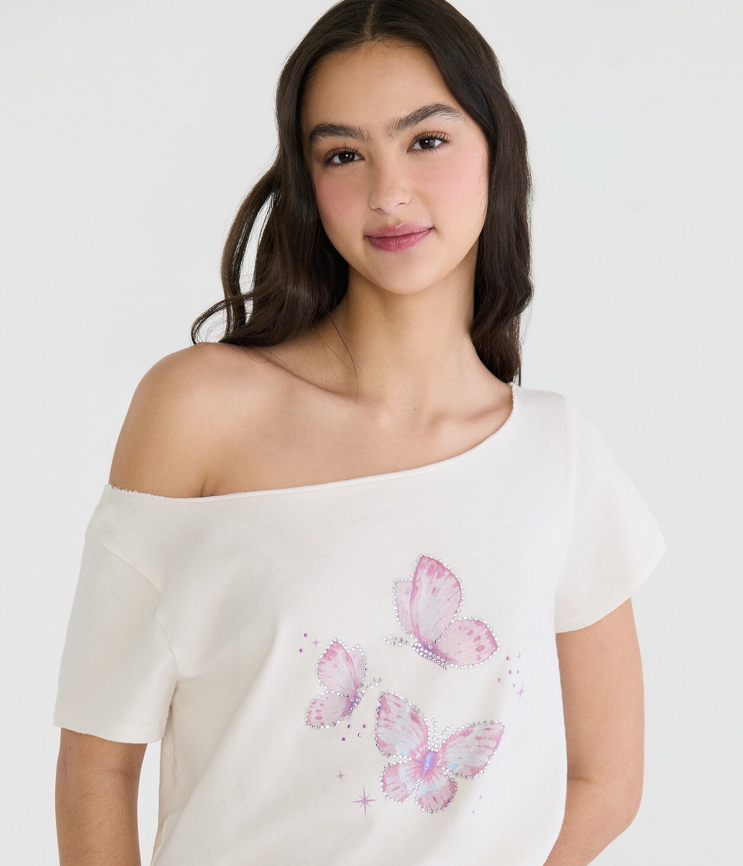 Aeropostale Seriously Soft Rhinestone Butterfly Off-The-Shoulder Vintage Fit Tee