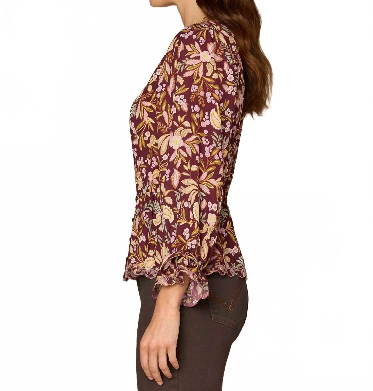 Long Tie Sleeve V-Neck Printed Woven Top In Floral
