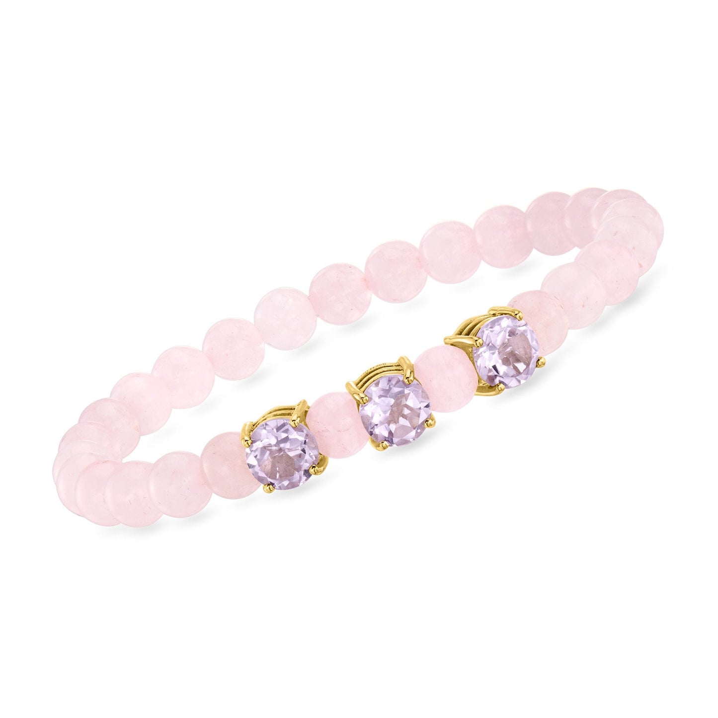 Ross-Simons Rose Quartz Bead Stretch Bracelet With Amethysts in 18kt Gold Over Sterling