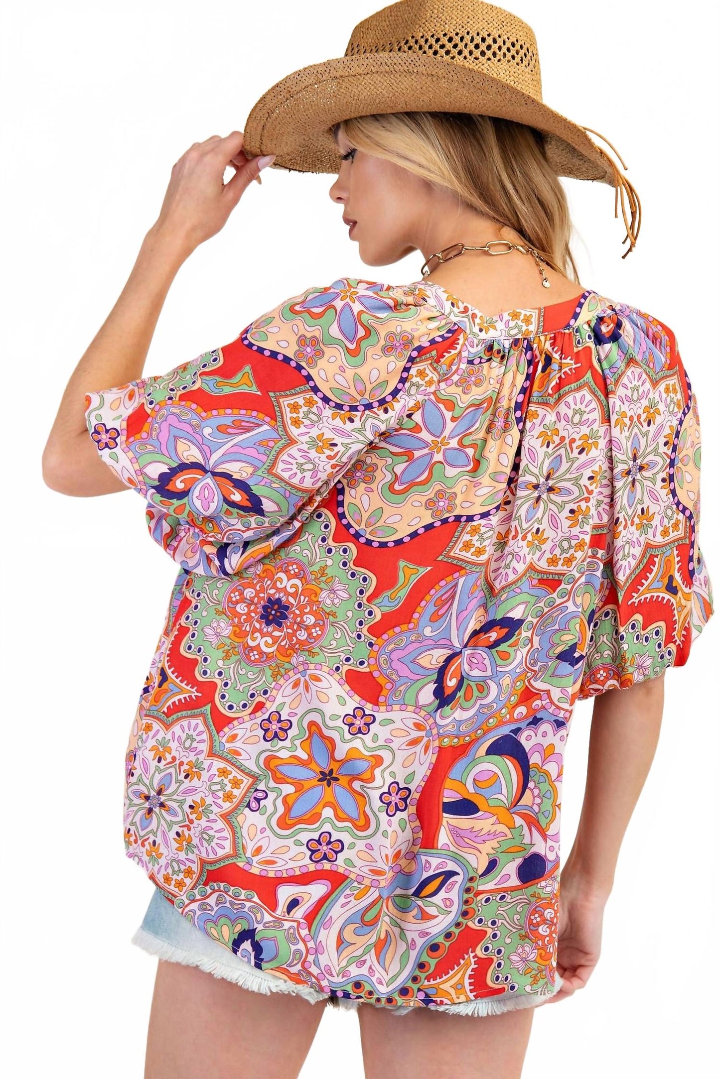 Bohemian Paisley Print Tassel Front Top In Blush Red