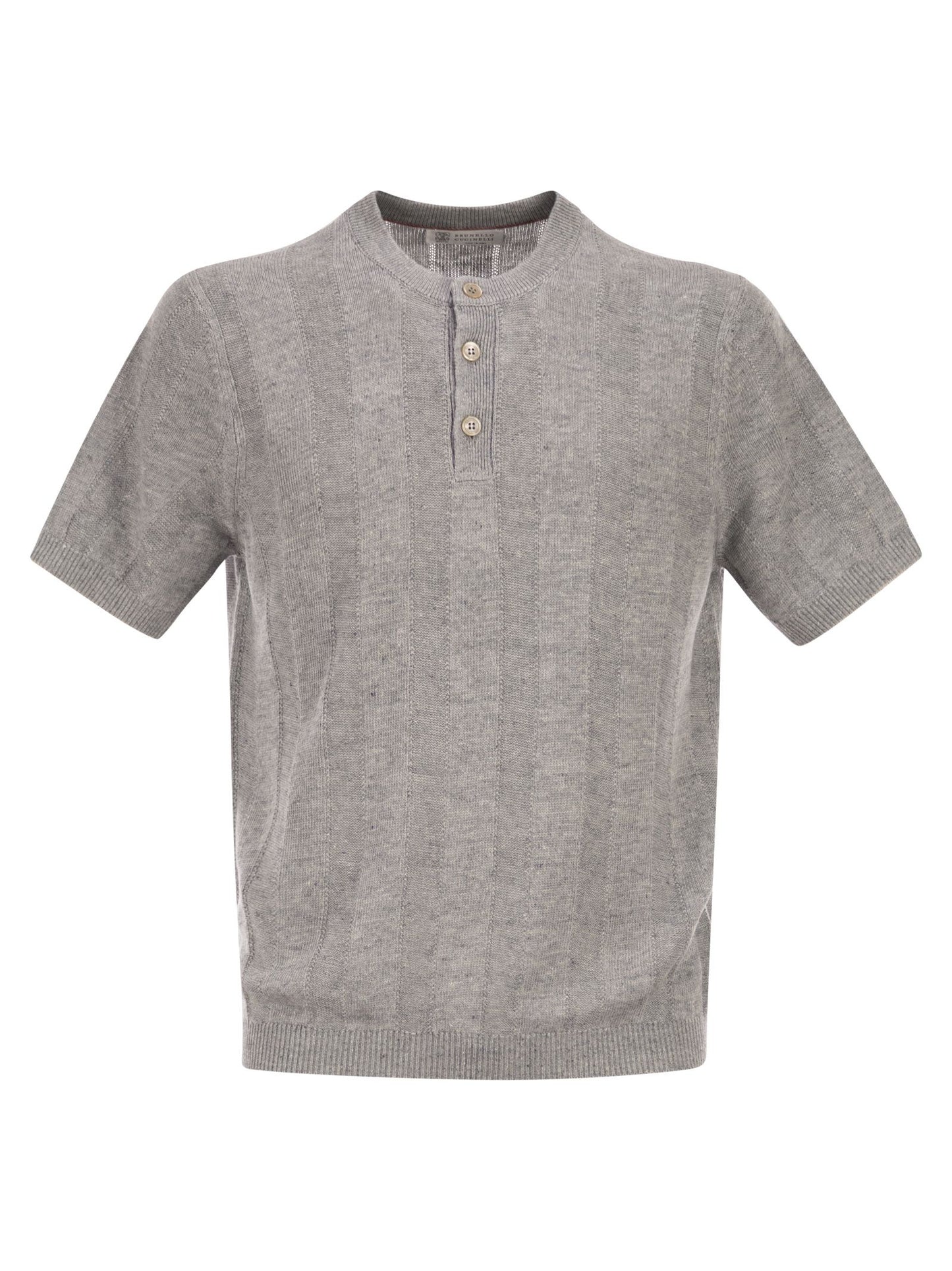 Brunello Cucinelli Men Seraphim Collar T-Shirt In Linen And Cotton Rib Knit
