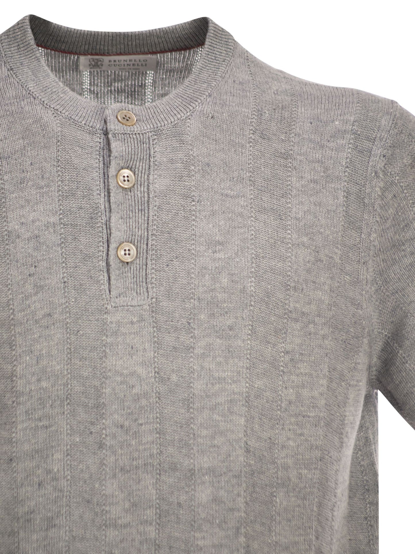 Brunello Cucinelli Men Seraphim Collar T-Shirt In Linen And Cotton Rib Knit