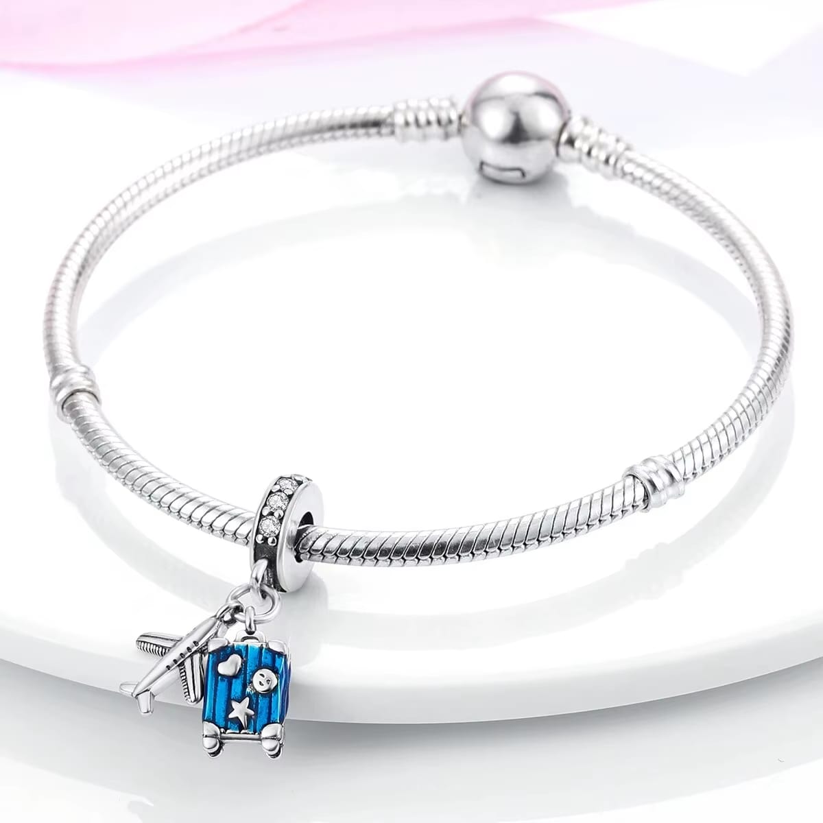 Blue Suitcase Plane Holiday Travel Dangle Charm