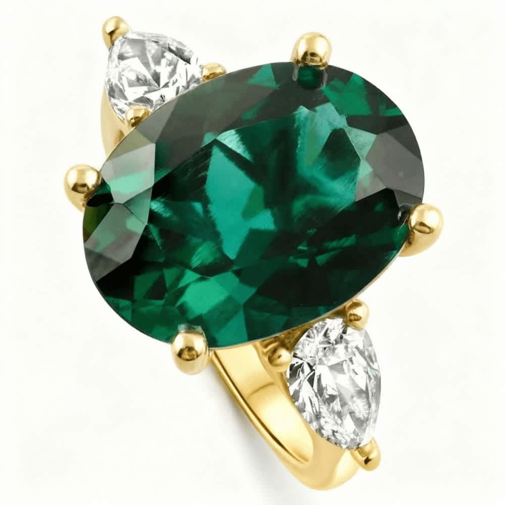 16x12mm Emerald & 1Ct Pear Shape Diamond Ring 14k Gold Lab Grown