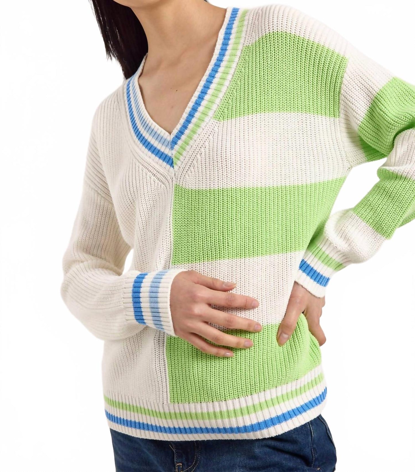 Valerie Stripe V-Neck Sweater In Ivory/green