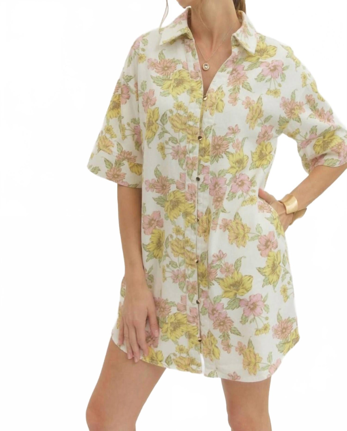 Floral Mini Shirt Dress In Pink And Yellow