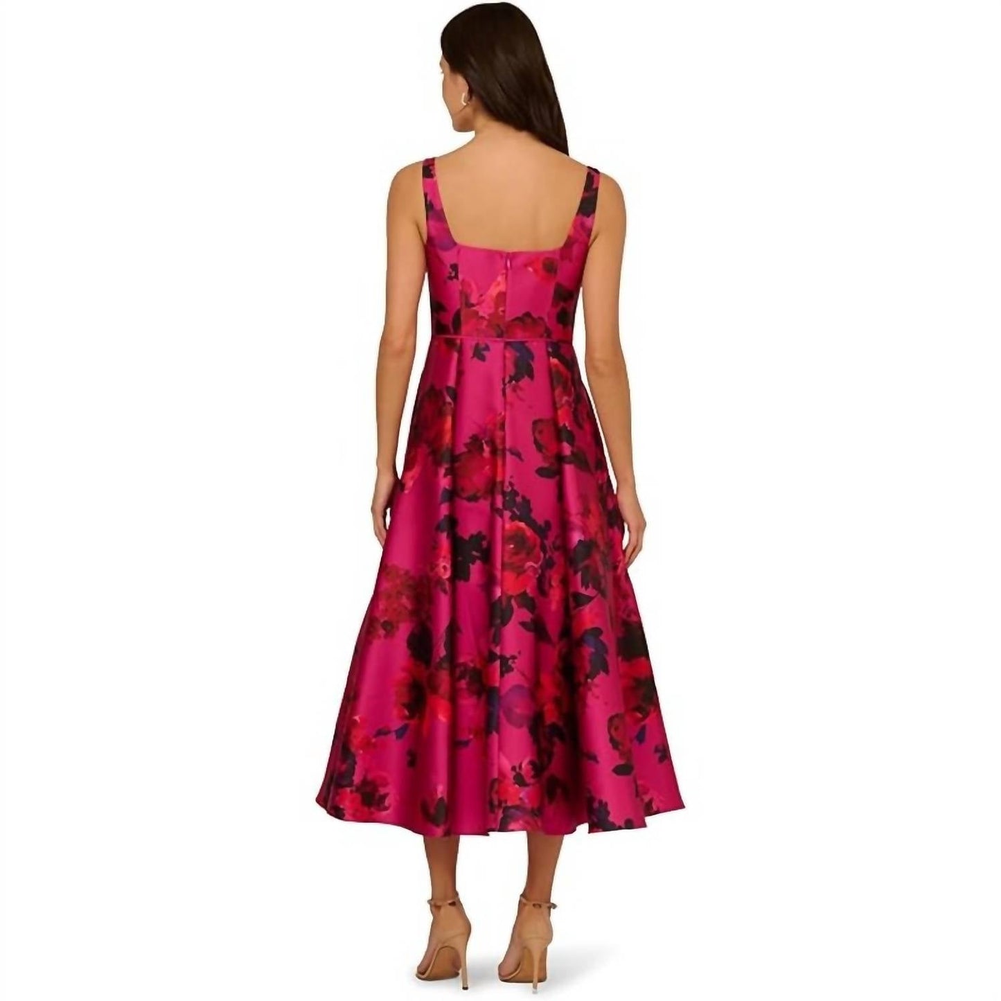 Rose Jacquard Thin Strap Square Neck Midi Dress In Pink