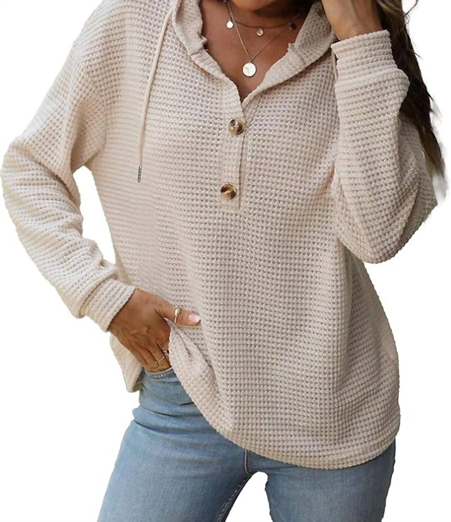Waffle Button-Up Hoodie Pullover In Apricot