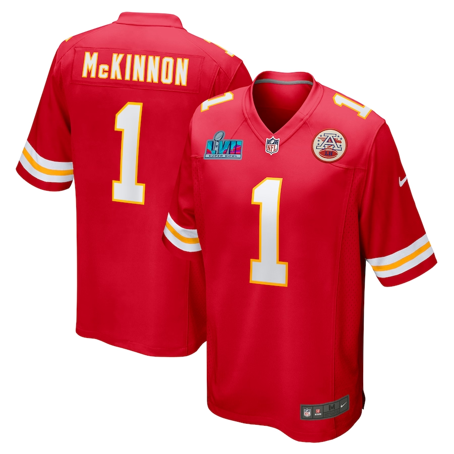 Men's Kansas City Chiefs Jerick McKinnon #1 Red Super Bowl LVII Patch Game jersey