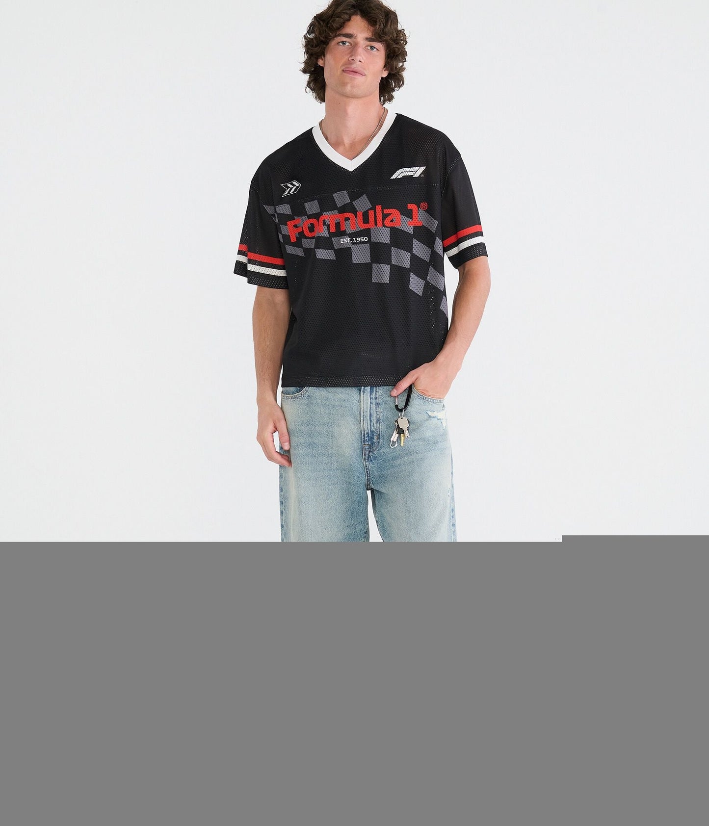 Aeropostale Formula 1 Checkered Flag Boxy V-Neck Jersey