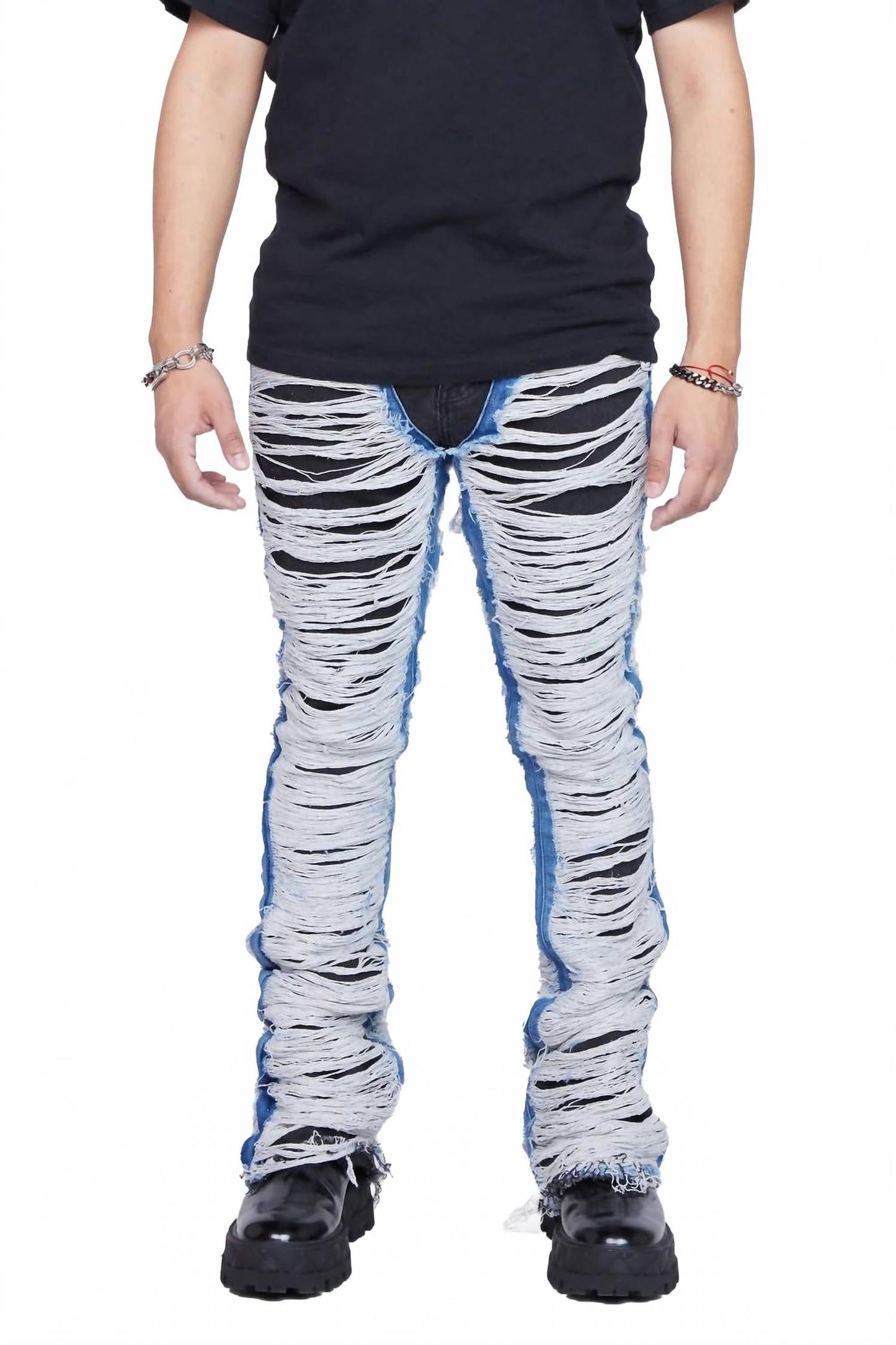 Men's Ravaged Stacked Flare Jean In Black Blue