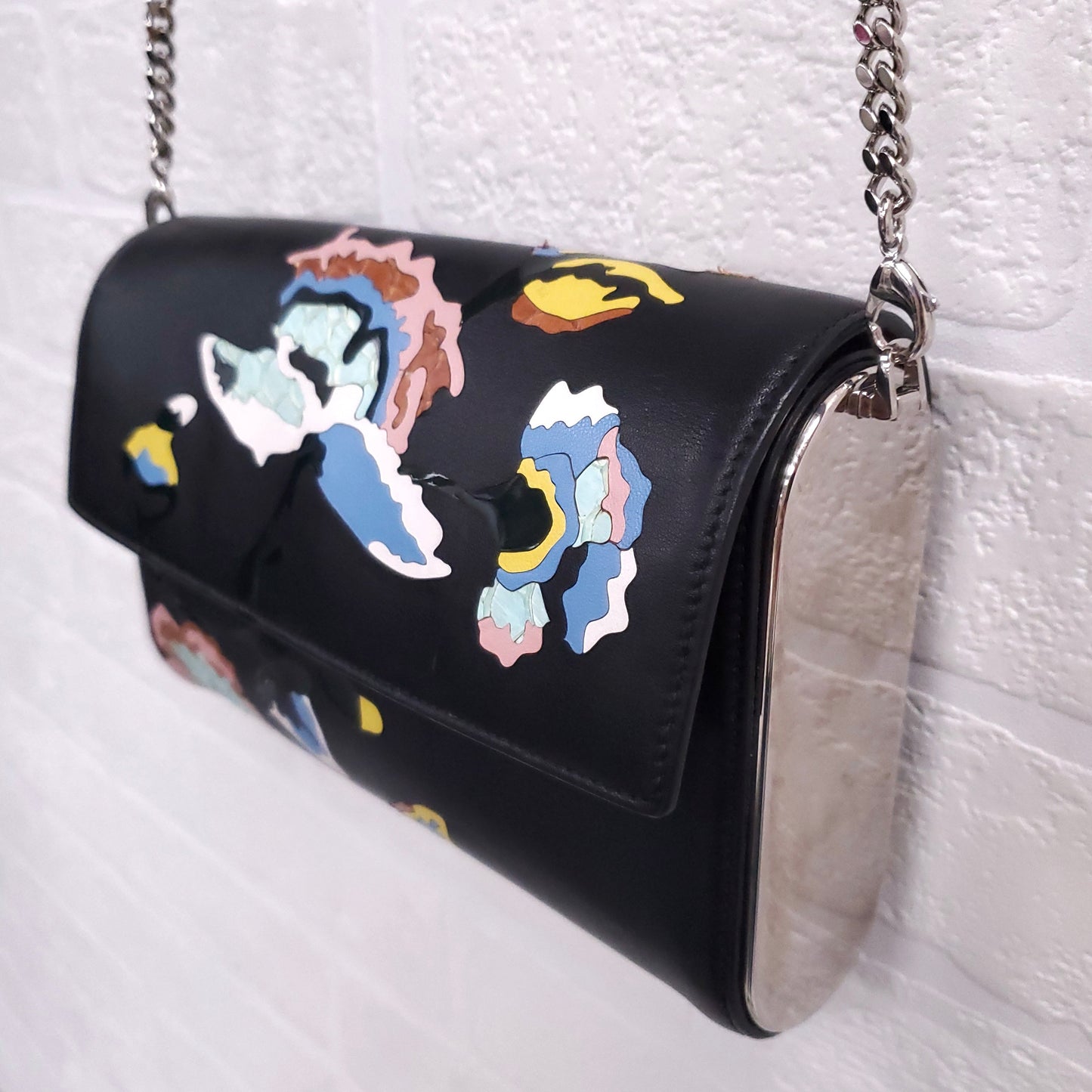 DIOR BLACK LEATHER WITH FLOWERS AND SILVER HARDWARE BAG