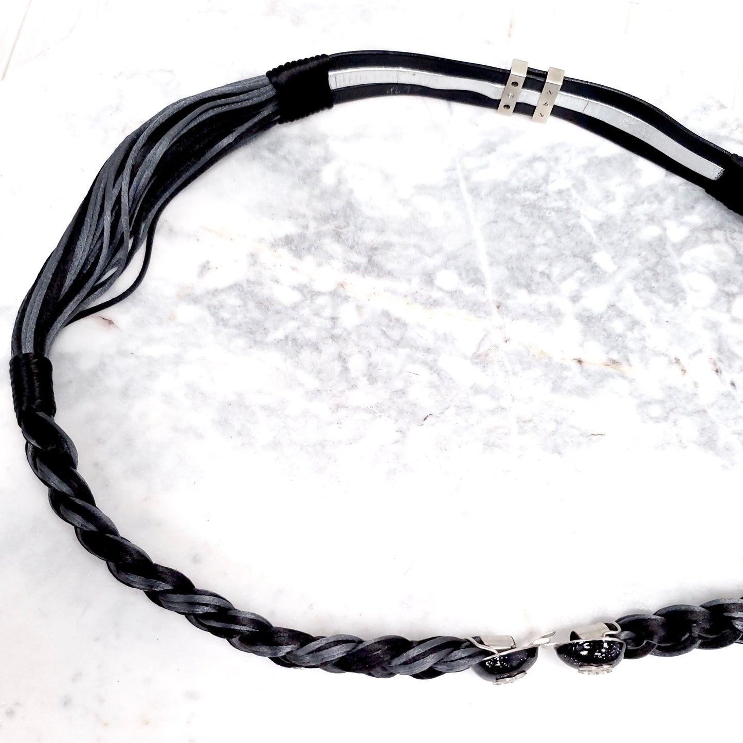 CHANEL BLACK AND GREY WOVEN BELT WITH LOGO CLASP - SIZE 100